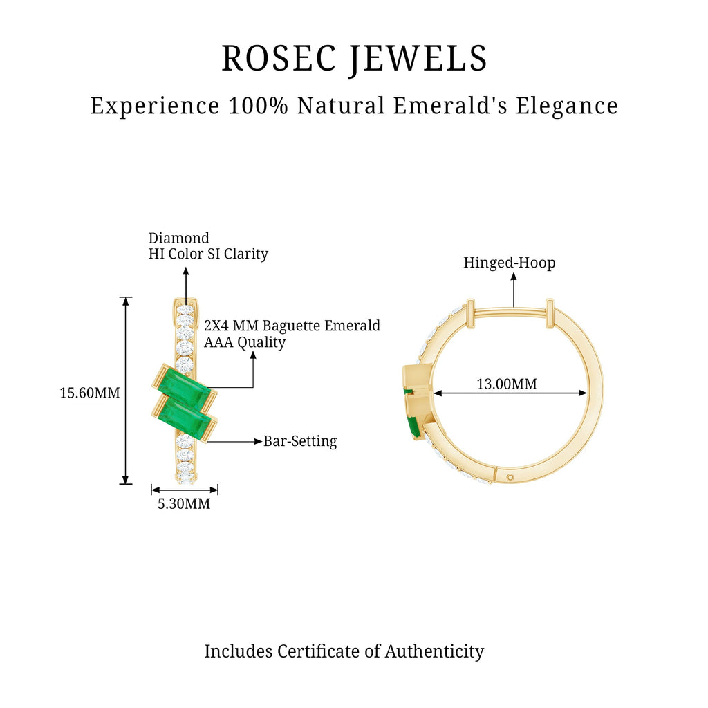 Baguette Emerald and Diamond Hoop Earrings For Women