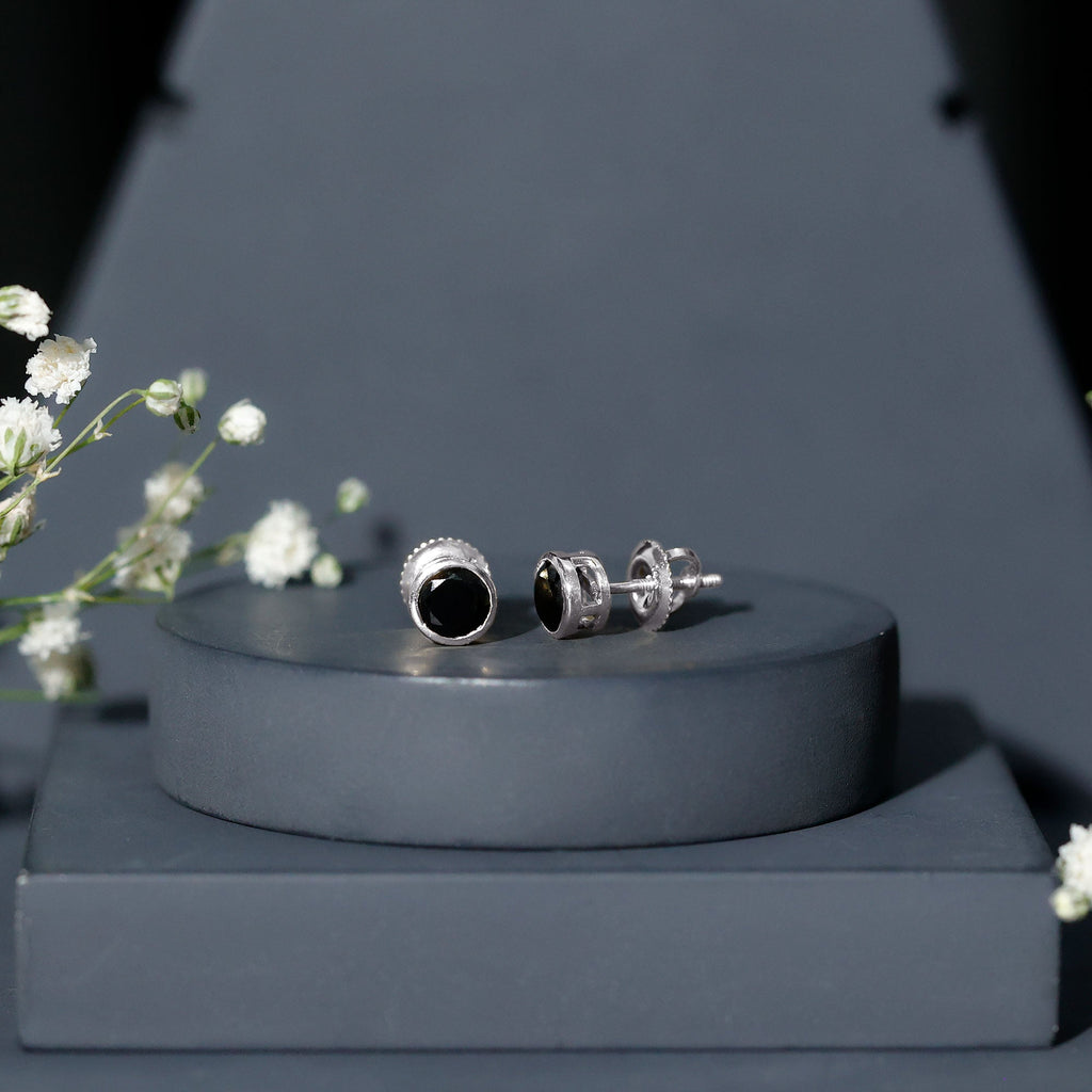 5MM Created Black Diamond Solitaire Stud Earring in Bezel Setting