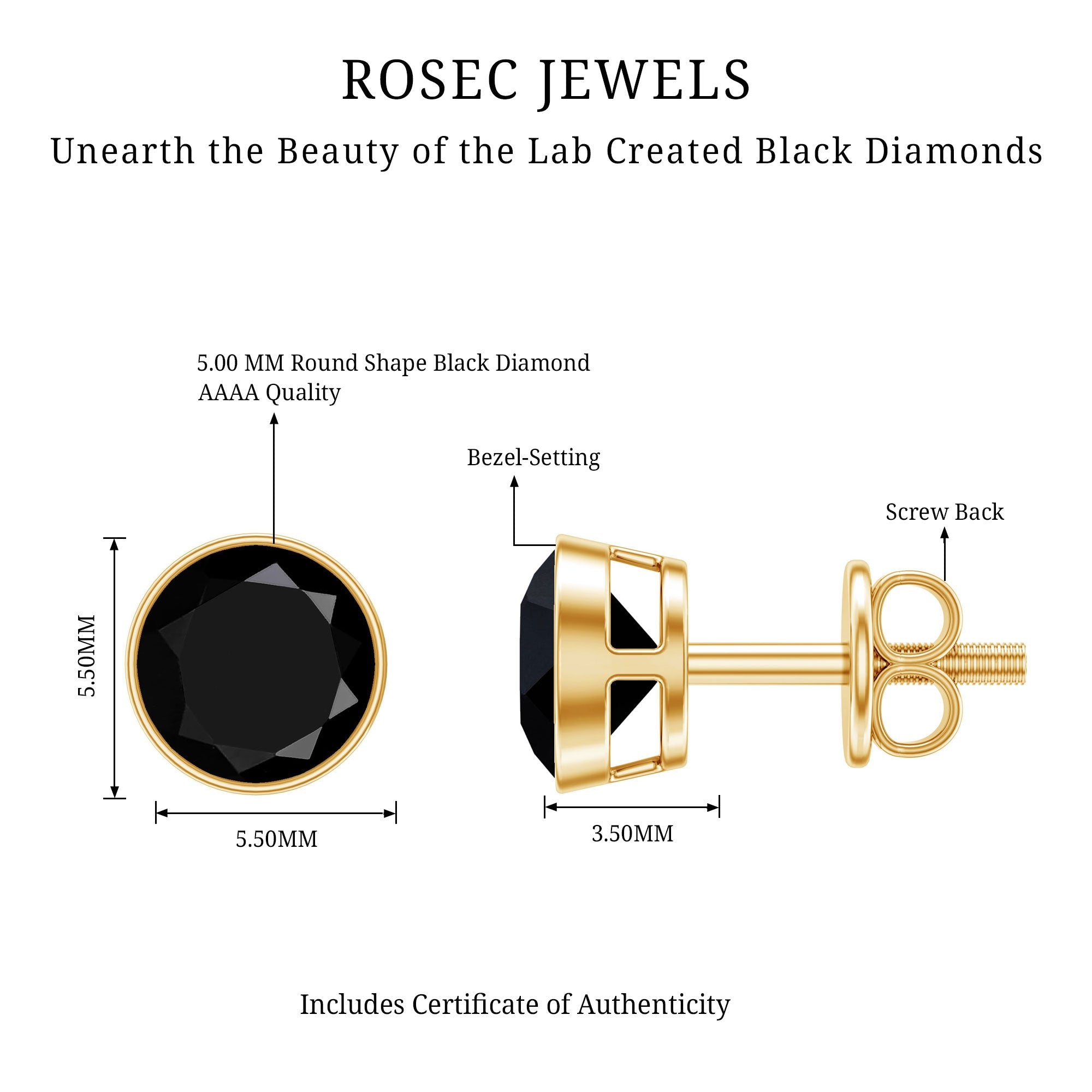 5MM Created Black Diamond Solitaire Stud Earring in Bezel Setting