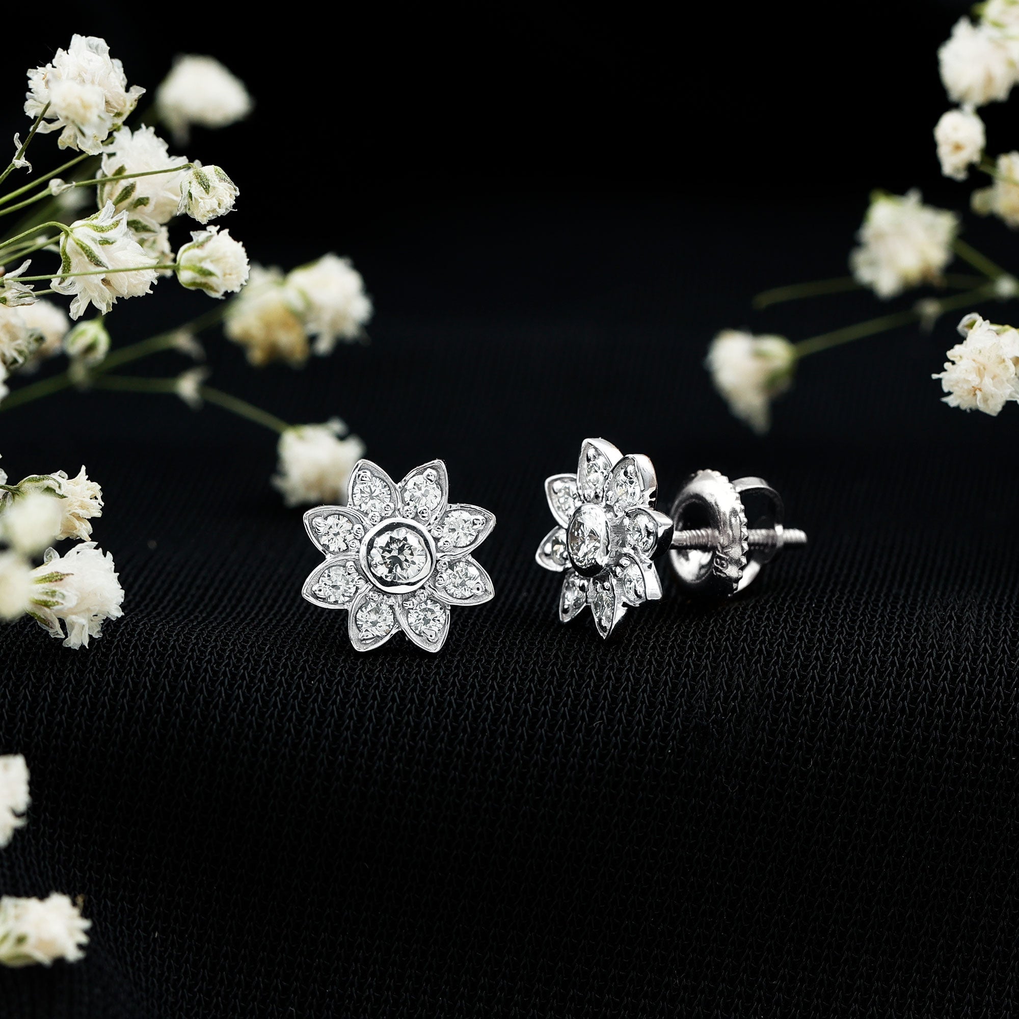 Diamond Flower Stud Earrings With Screw Back