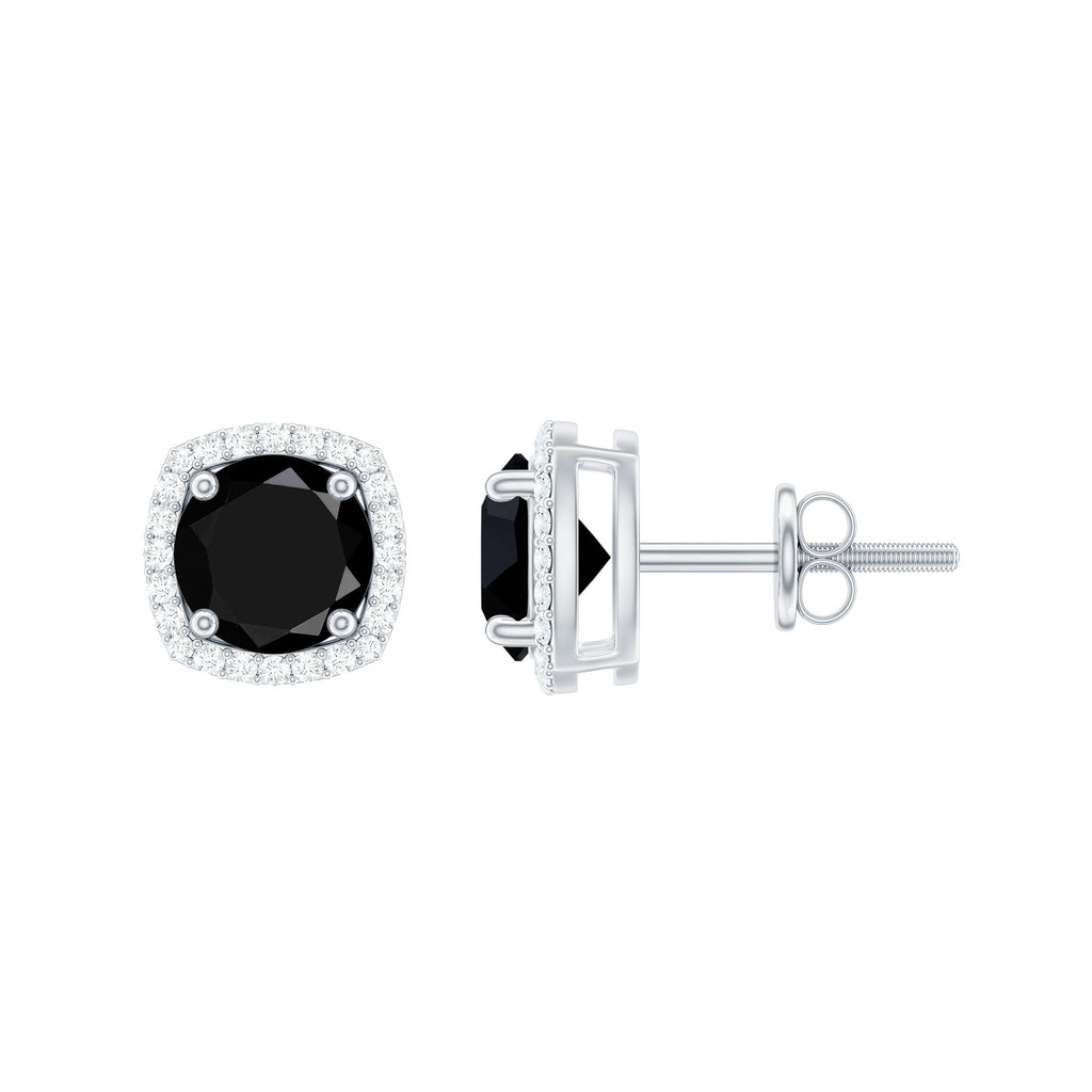 Vintage Black Onyx Stud Earrings with Diamond Halo