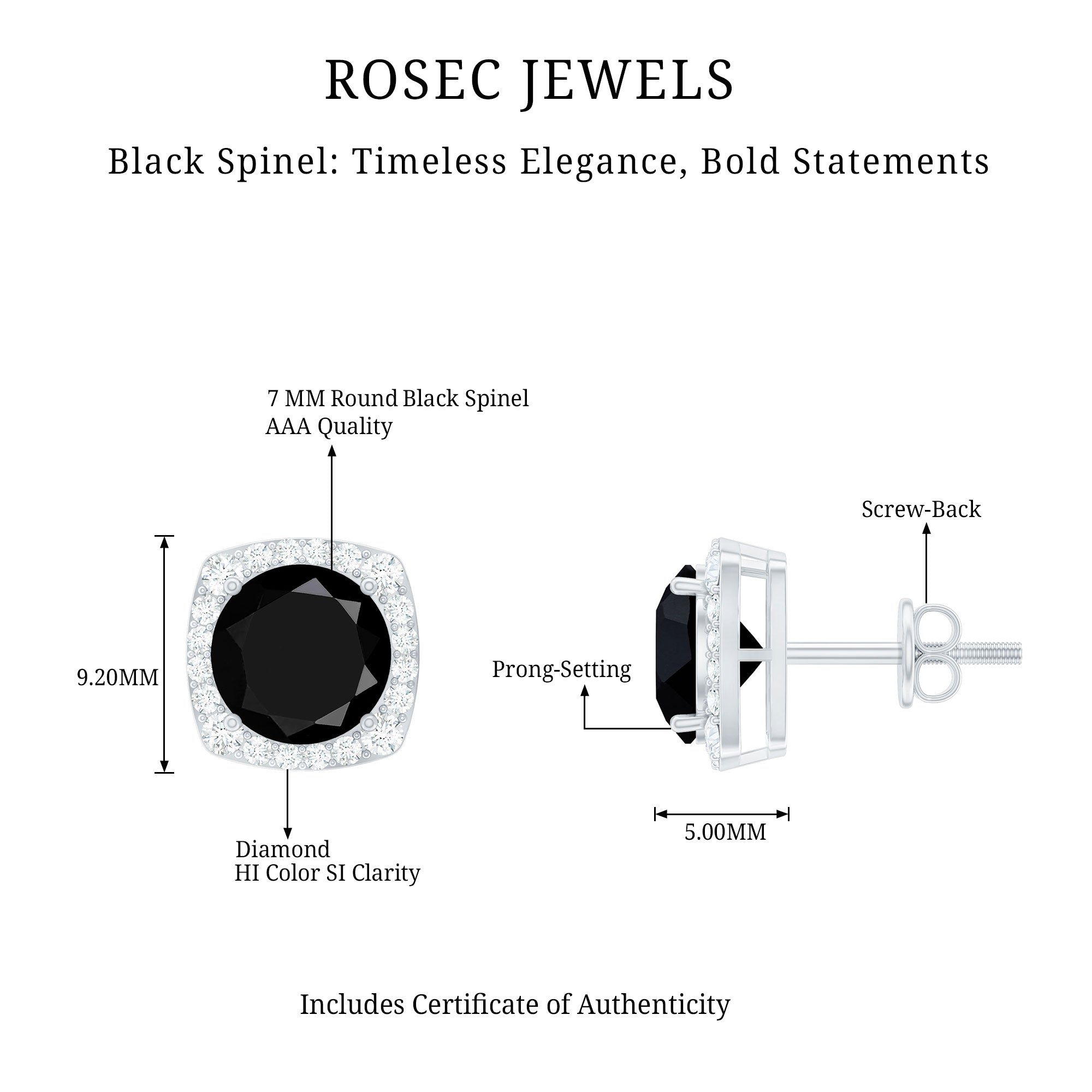 6 MM Black Spinel Stud Earrings with Diamond Halo