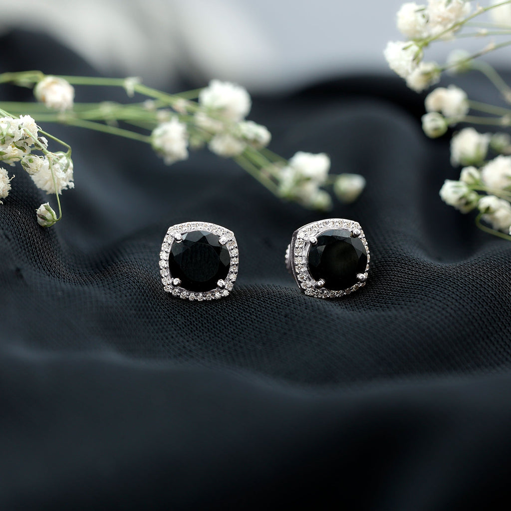 6 MM Black Spinel Stud Earrings with Diamond Halo