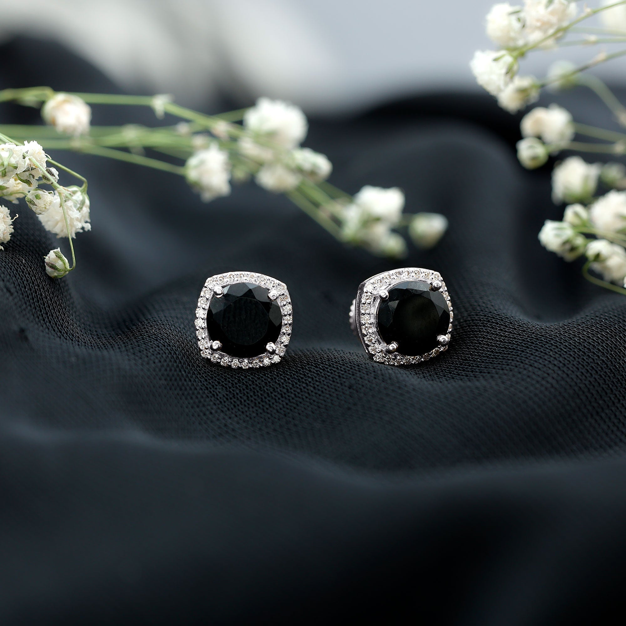 6 MM Black Spinel Stud Earrings with Diamond Halo