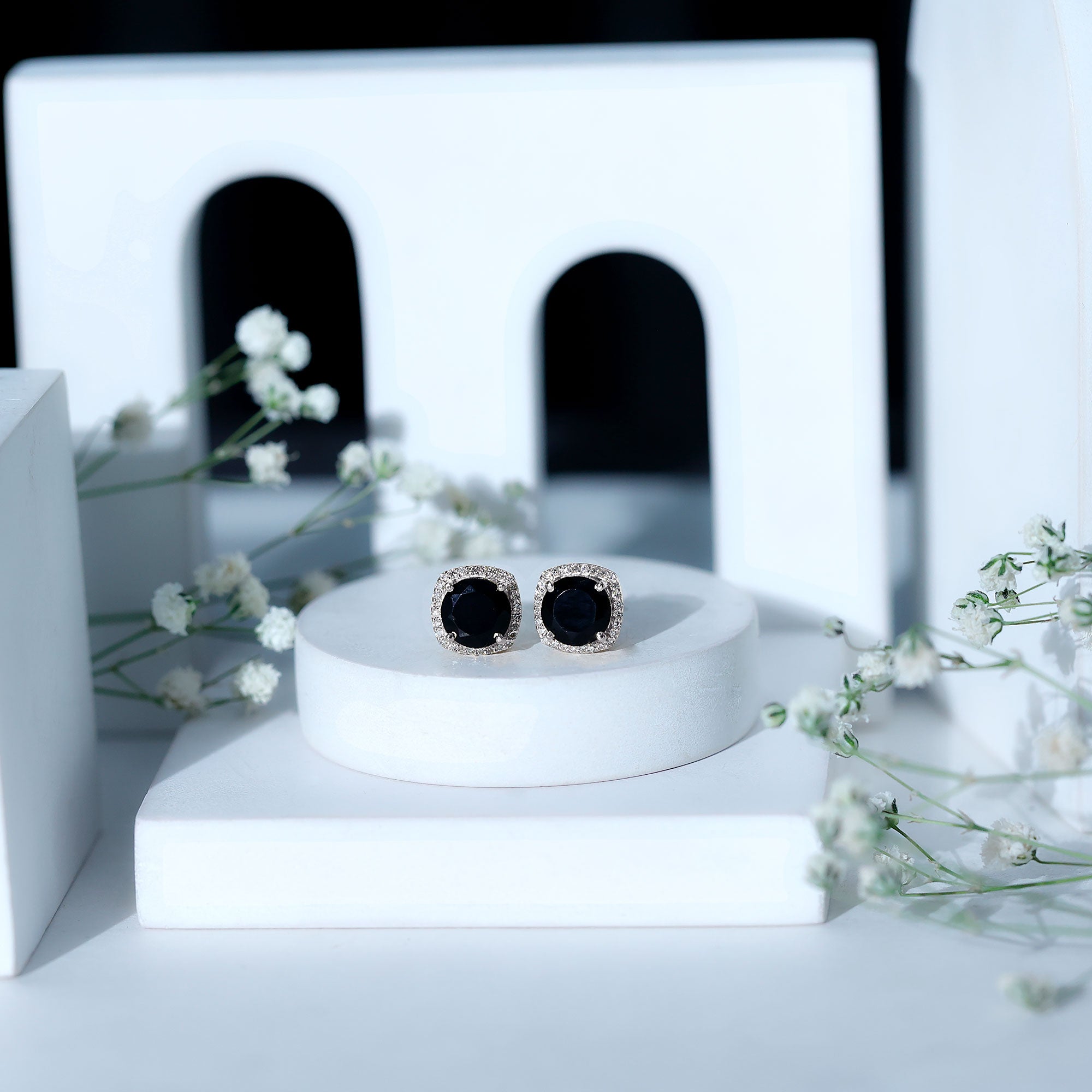 6 MM Black Spinel Stud Earrings with Diamond Halo