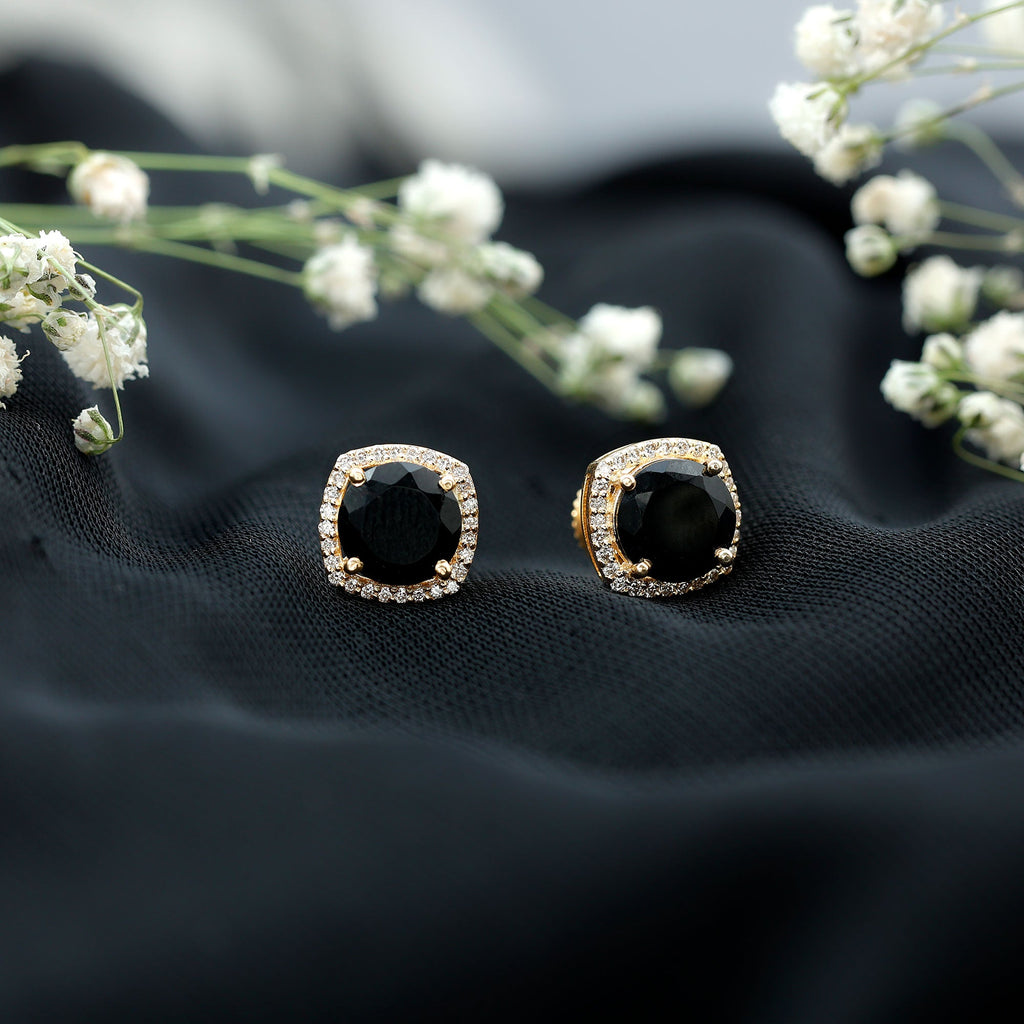 6 MM Black Spinel Stud Earrings with Diamond Halo