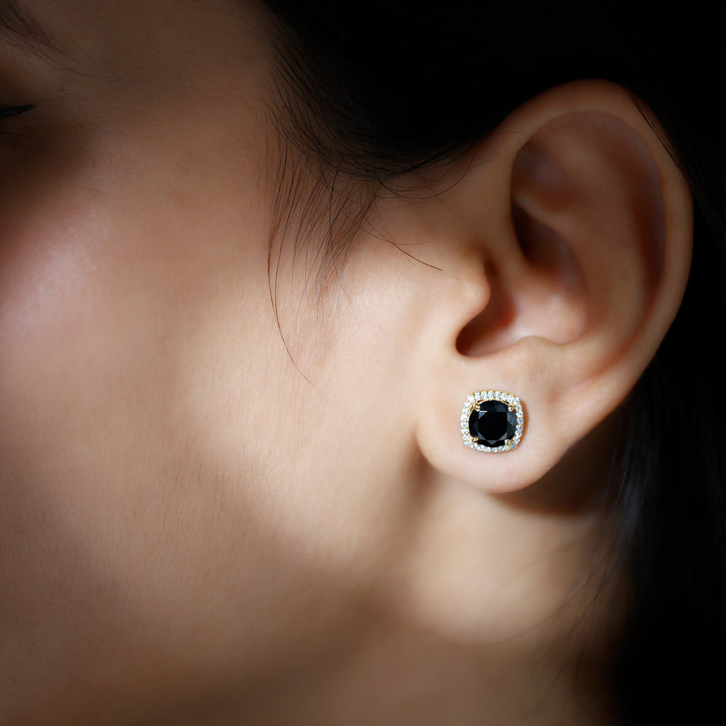 6 MM Black Spinel Stud Earrings with Diamond Halo