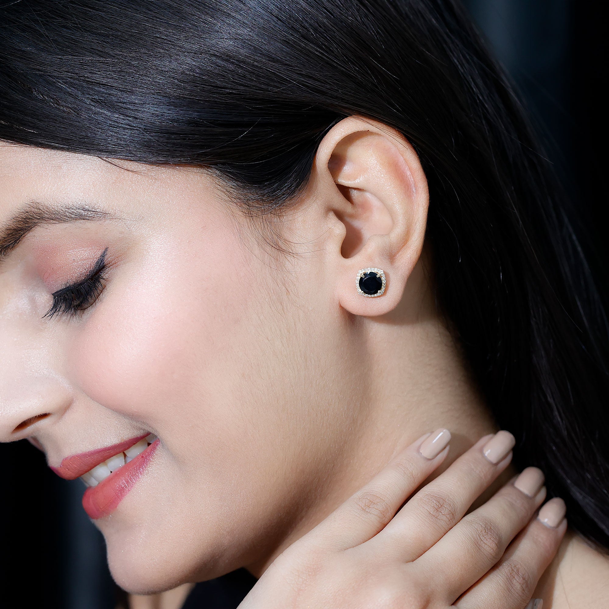 6 MM Black Spinel Stud Earrings with Diamond Halo