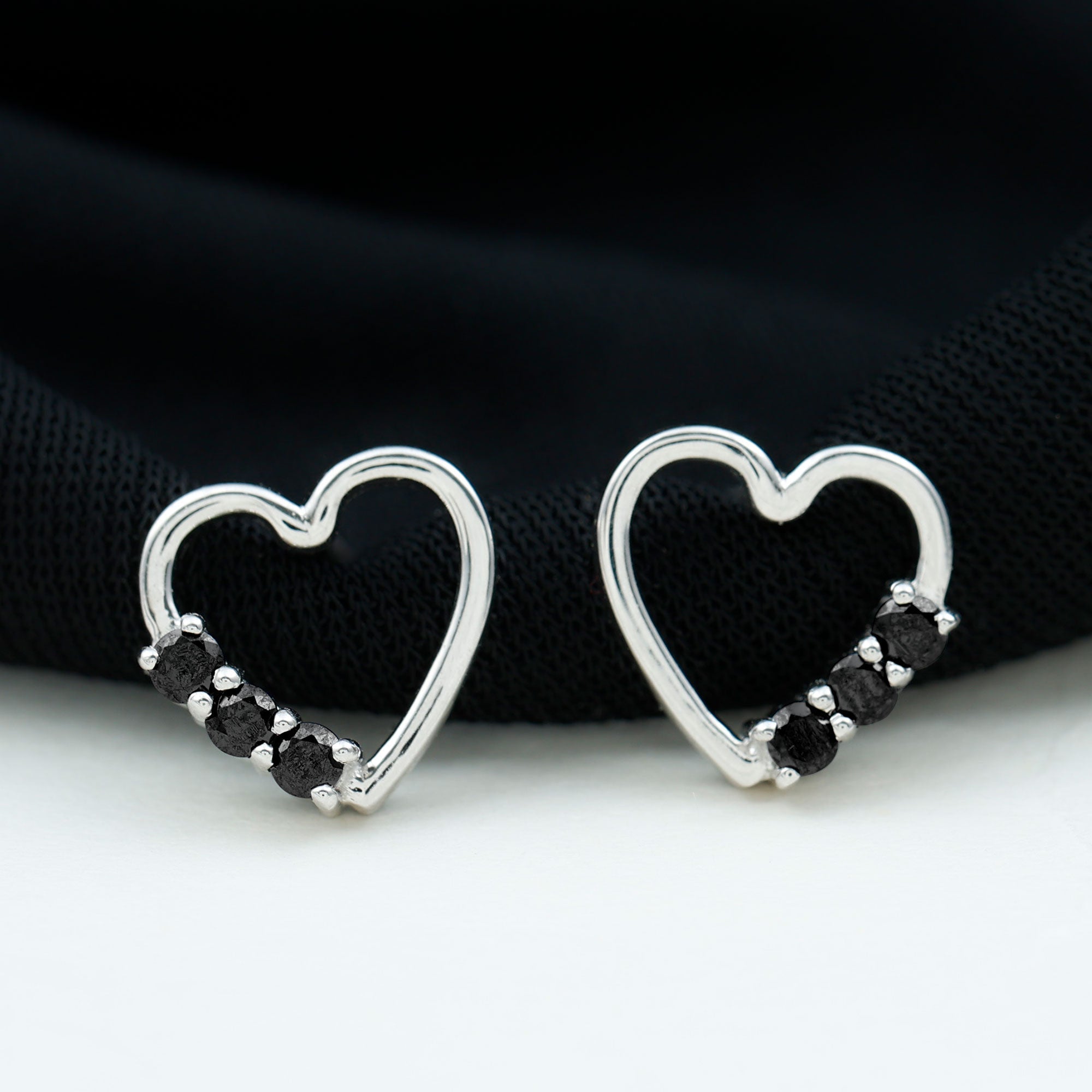 Open Heart Stud Earrings with 3 Lab Created Black Diamonds