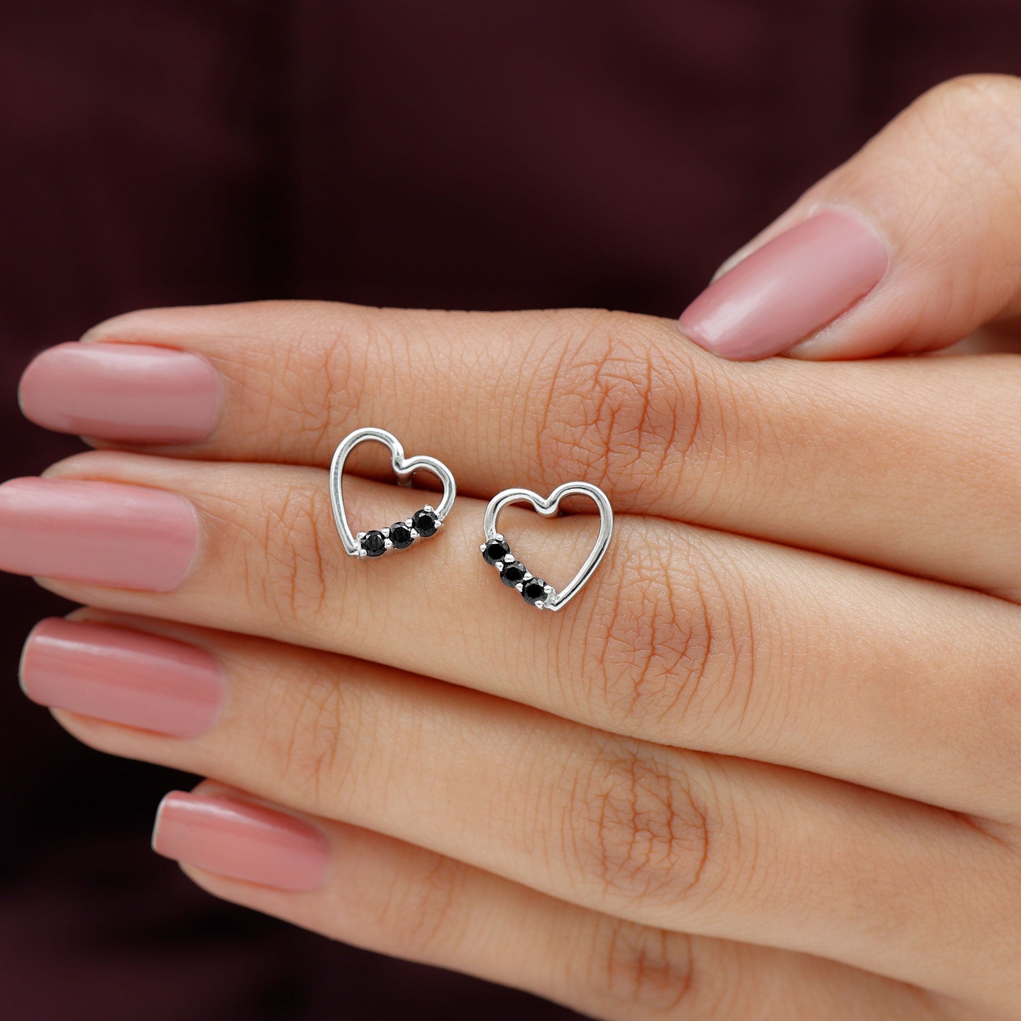Open Heart Stud Earrings with 3 Lab Created Black Diamonds