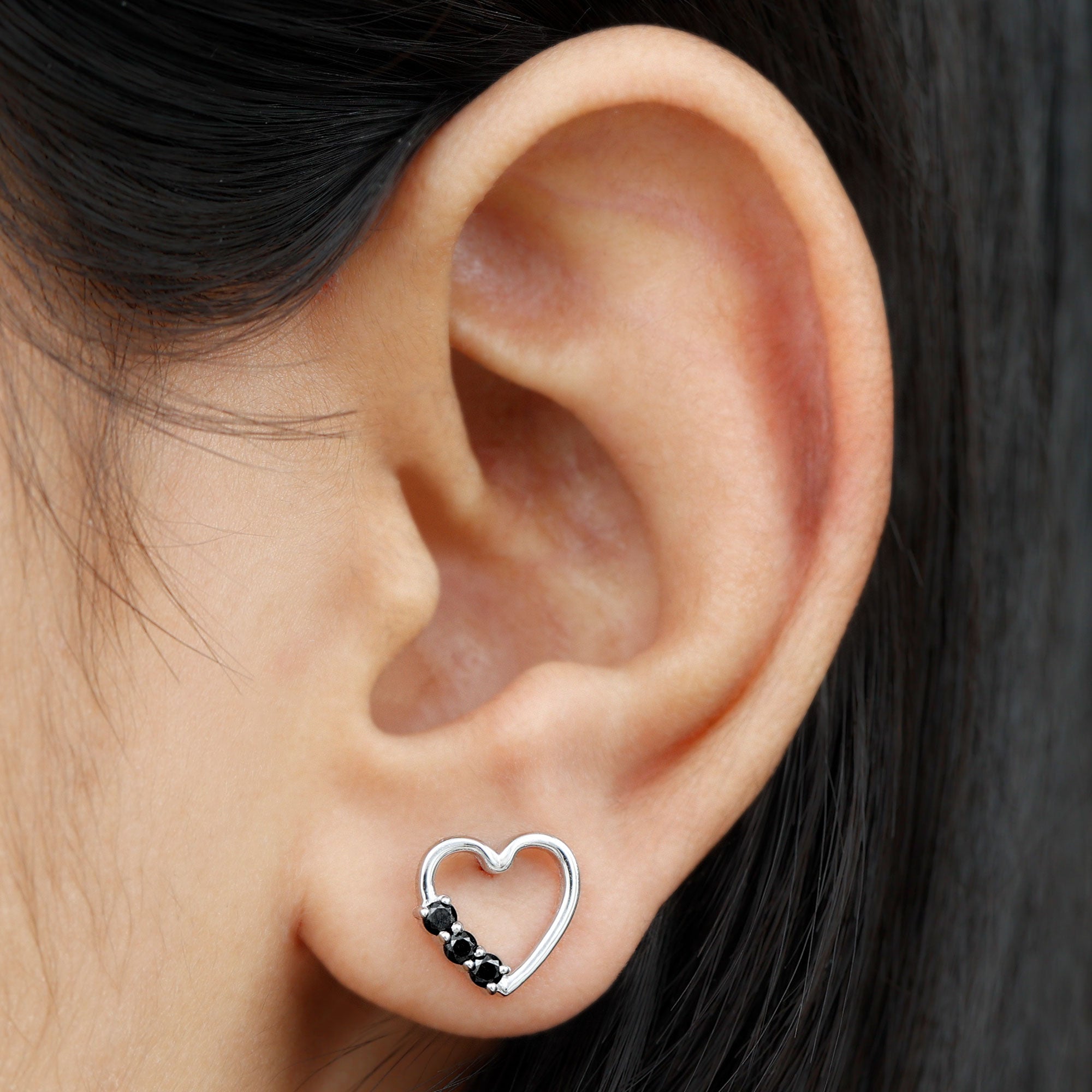 Open Heart Stud Earrings with 3 Lab Created Black Diamonds