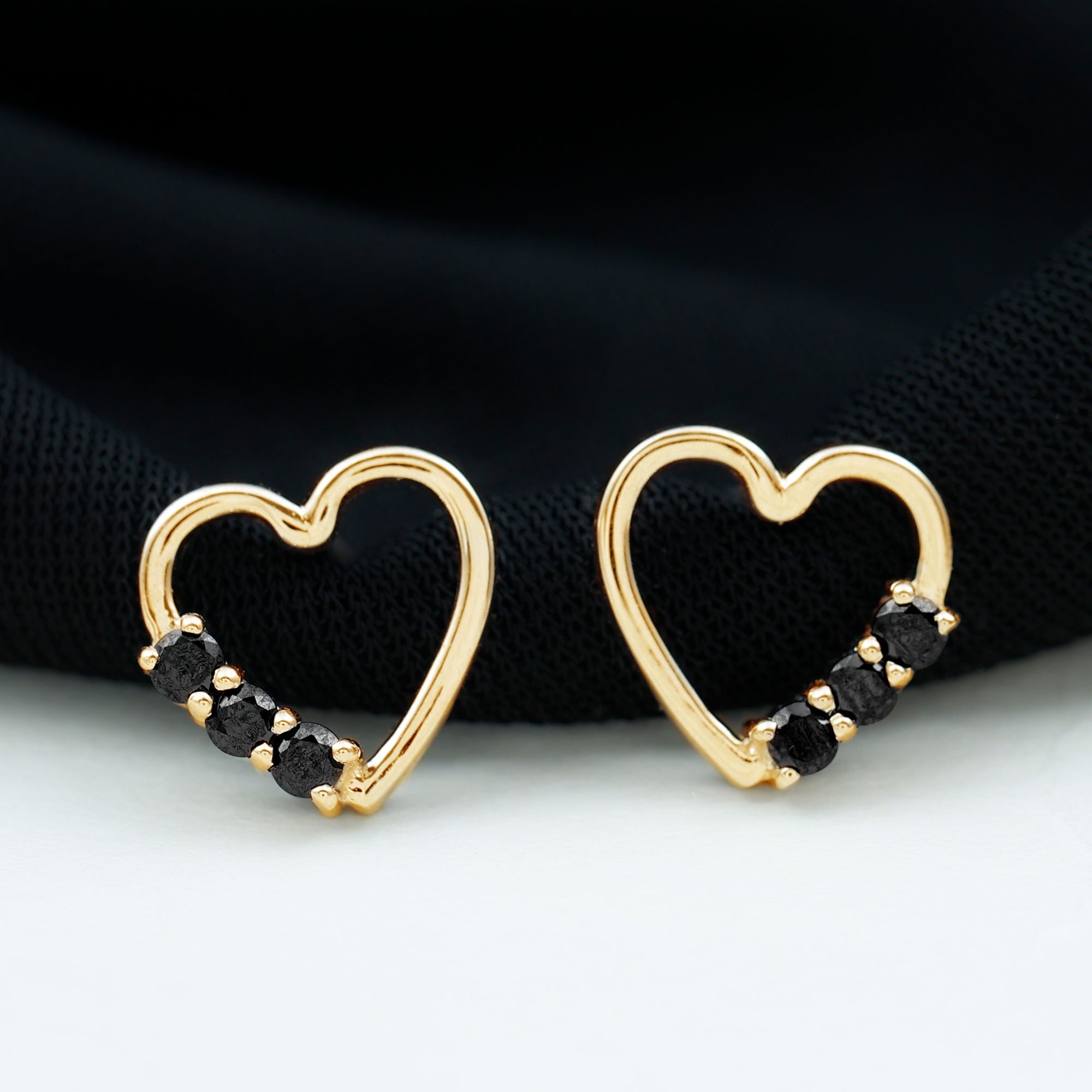 Open Heart Stud Earrings with 3 Lab Created Black Diamonds
