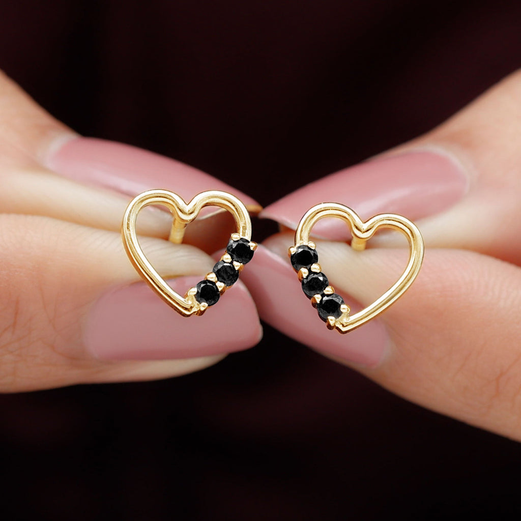 Open Heart Stud Earrings with 3 Lab Created Black Diamonds