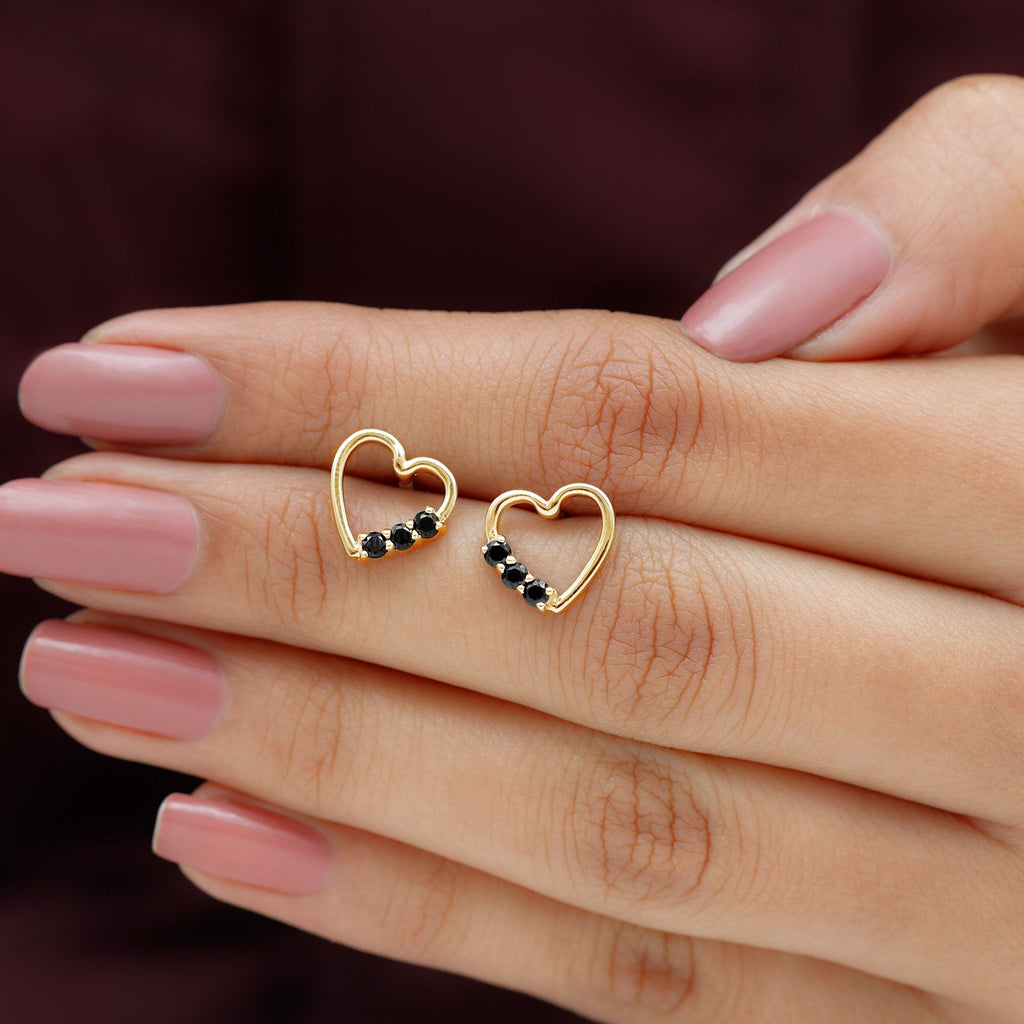 Open Heart Stud Earrings with 3 Lab Created Black Diamonds