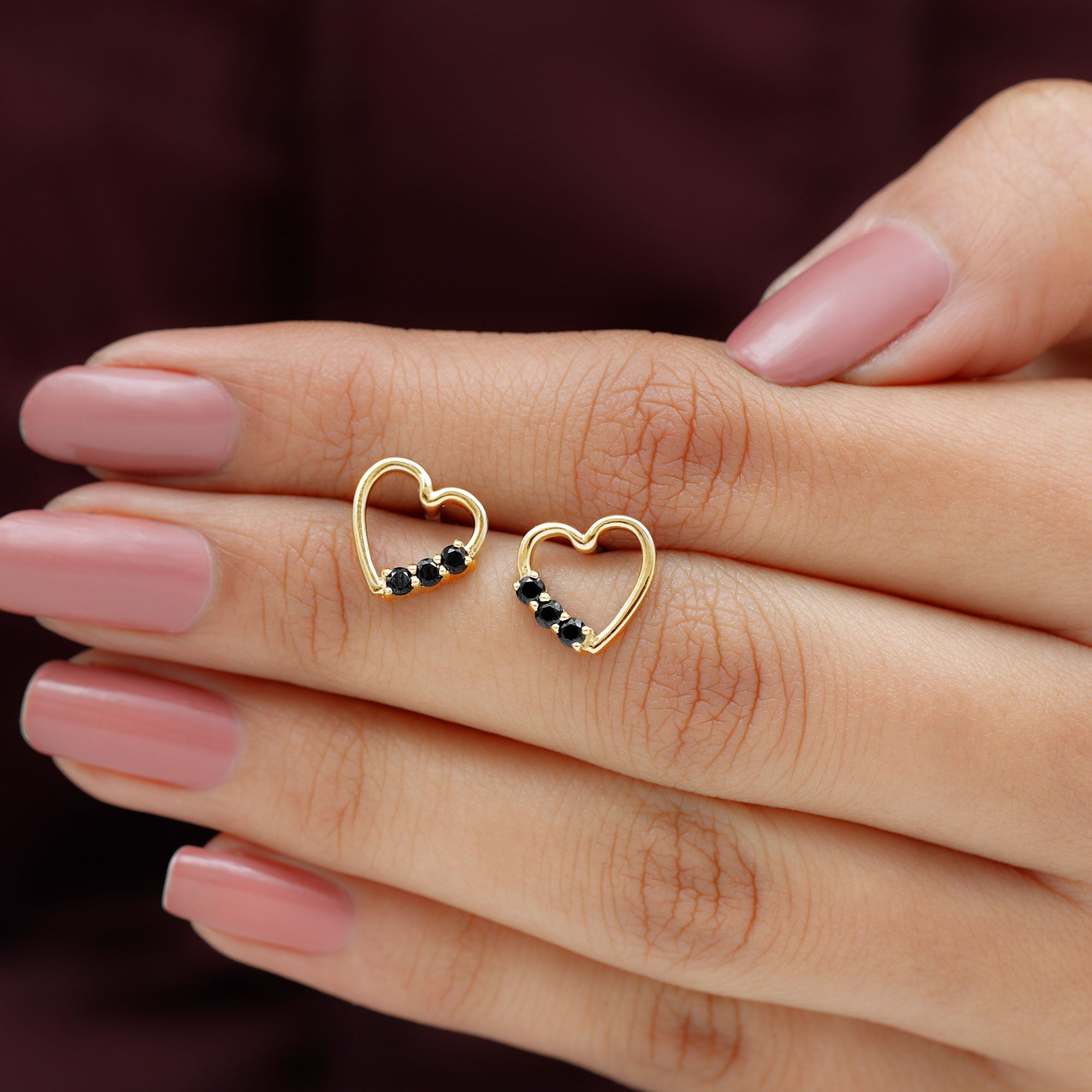 Open Heart Stud Earrings with 3 Lab Created Black Diamonds