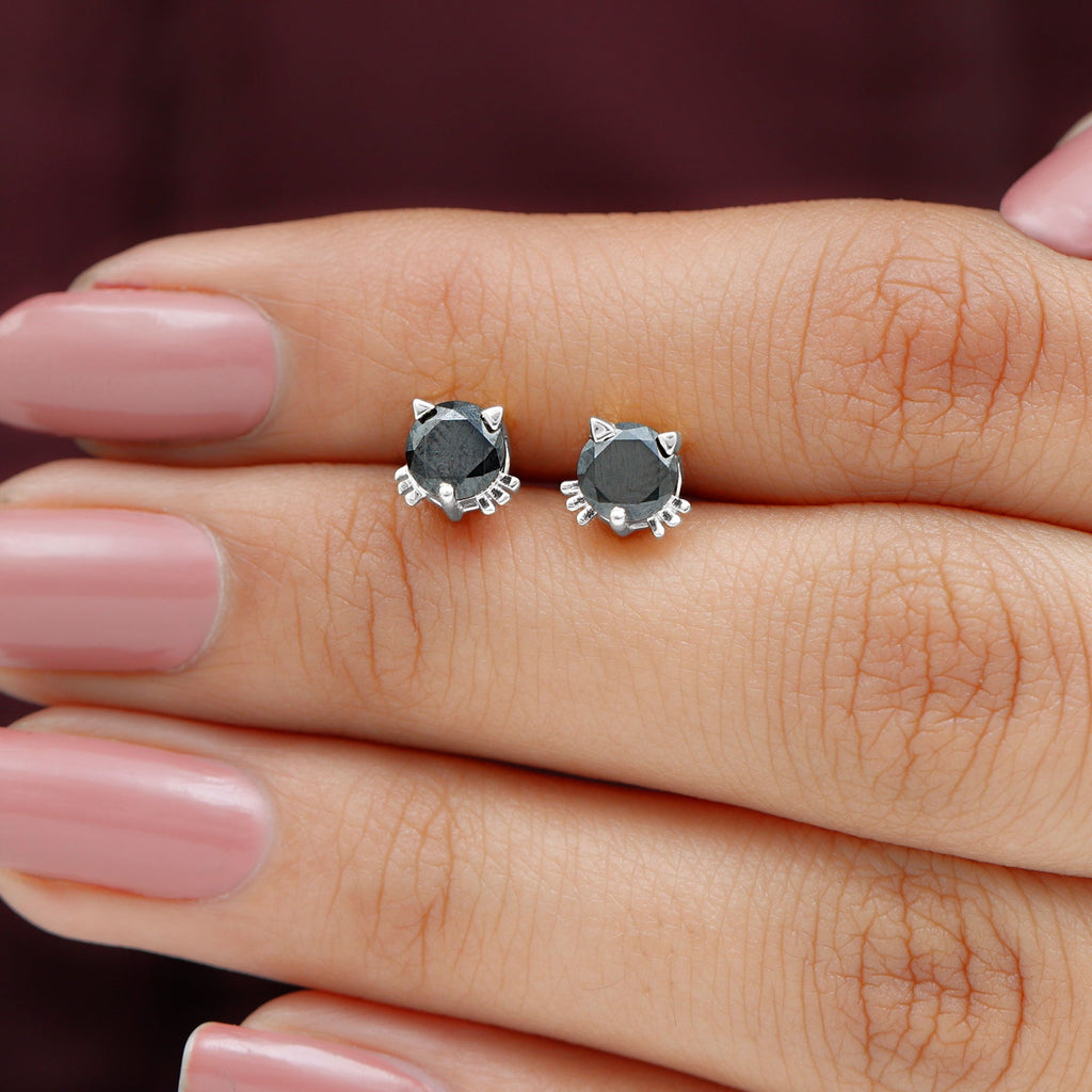 5MM Round Lab Created Black Diamond Cat Stud Earrings