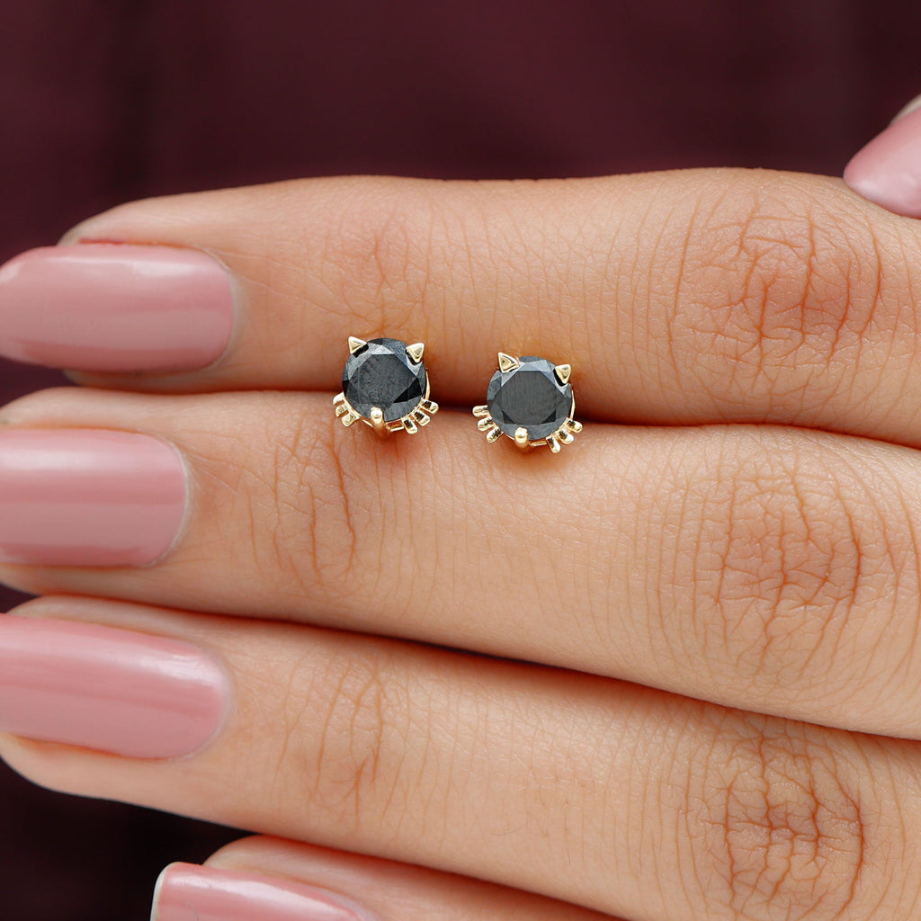 5MM Round Lab Created Black Diamond Cat Stud Earrings