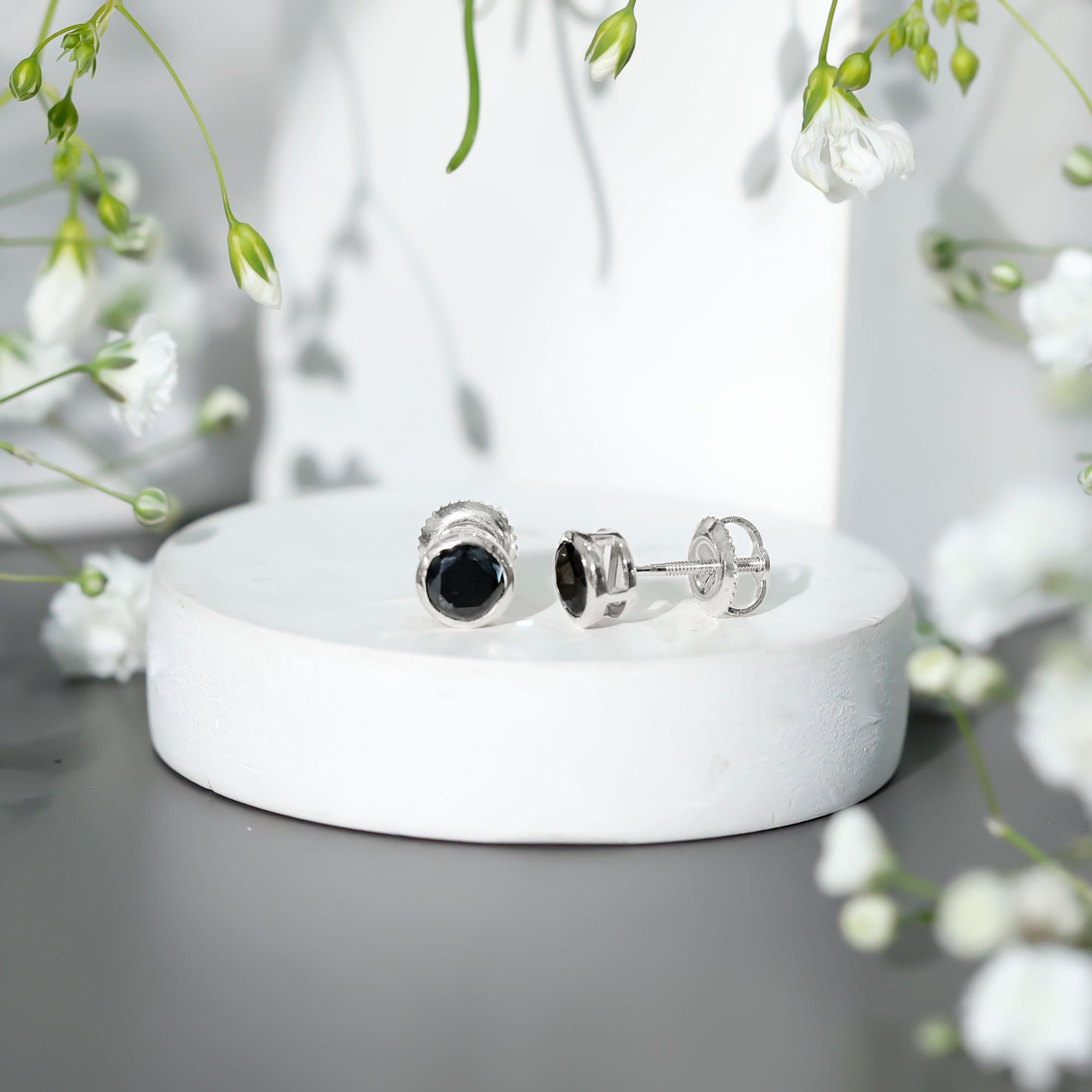 Bezel Set Created Black Diamond Solitaire Stud Earrings