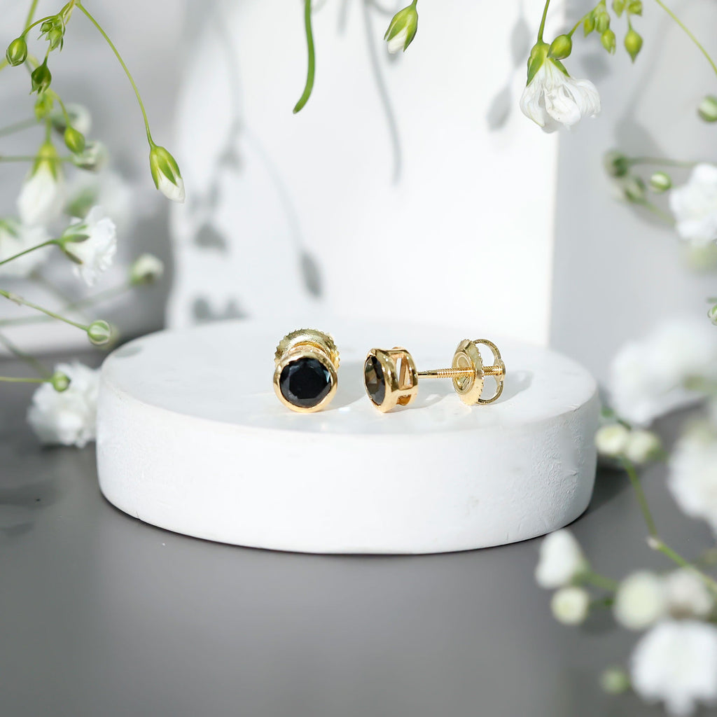 Bezel Set Created Black Diamond Solitaire Stud Earrings