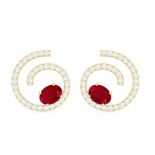 1 CT Oval Cut Ruby and Diamond Swirl Stud Earrings