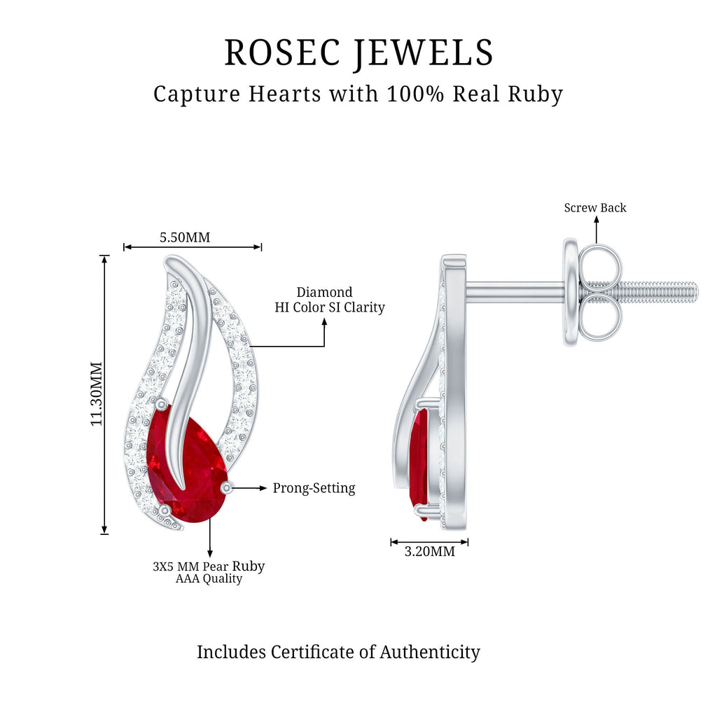 Natural 0.6 Carat Ruby Leaf Earrings with Diamond for Women