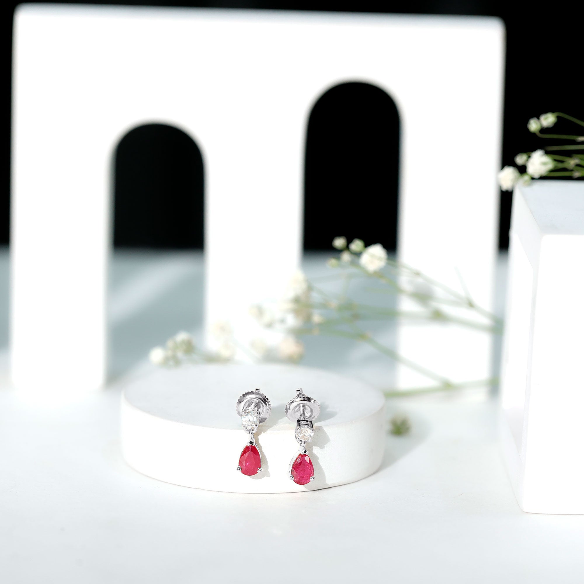 Natural Ruby Teardrop Drop Earrings with Moissanite