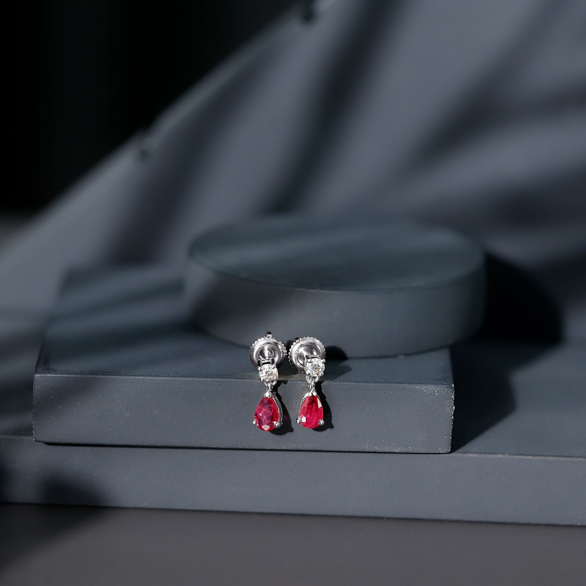 Natural Ruby Teardrop Drop Earrings with Moissanite