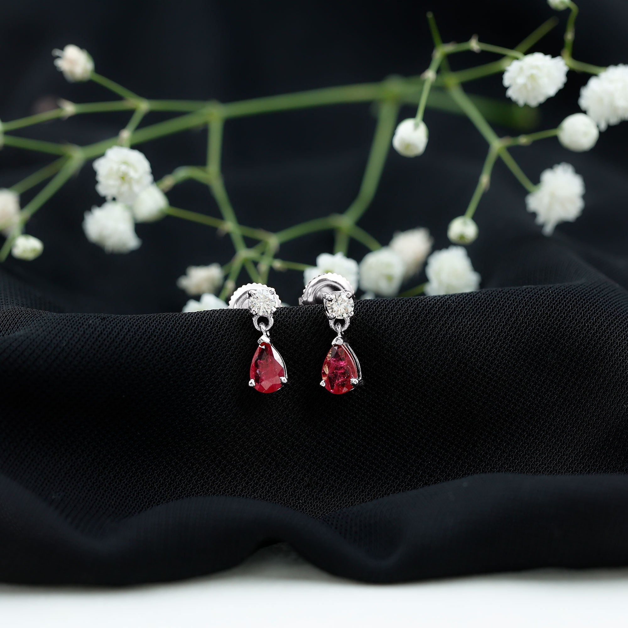 Natural Ruby Teardrop Drop Earrings with Moissanite