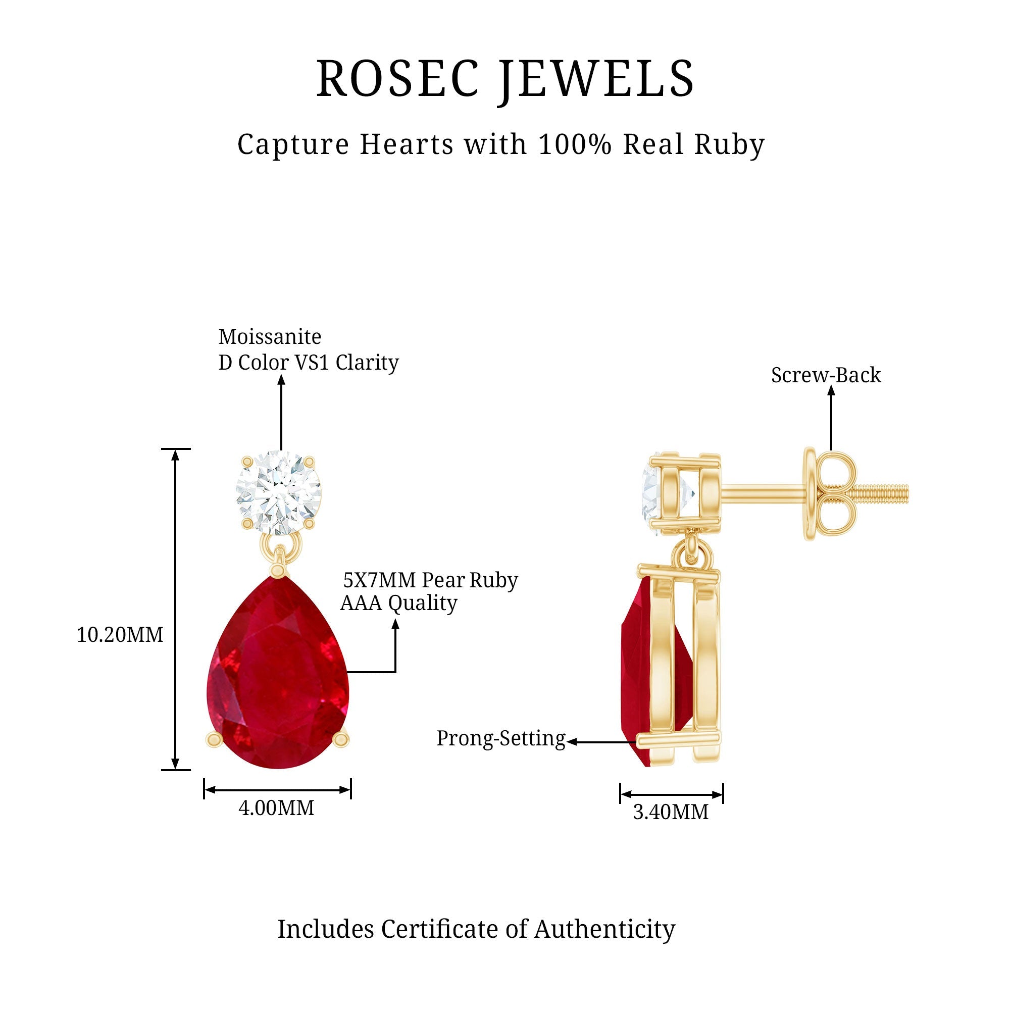 Natural Ruby Teardrop Drop Earrings with Moissanite