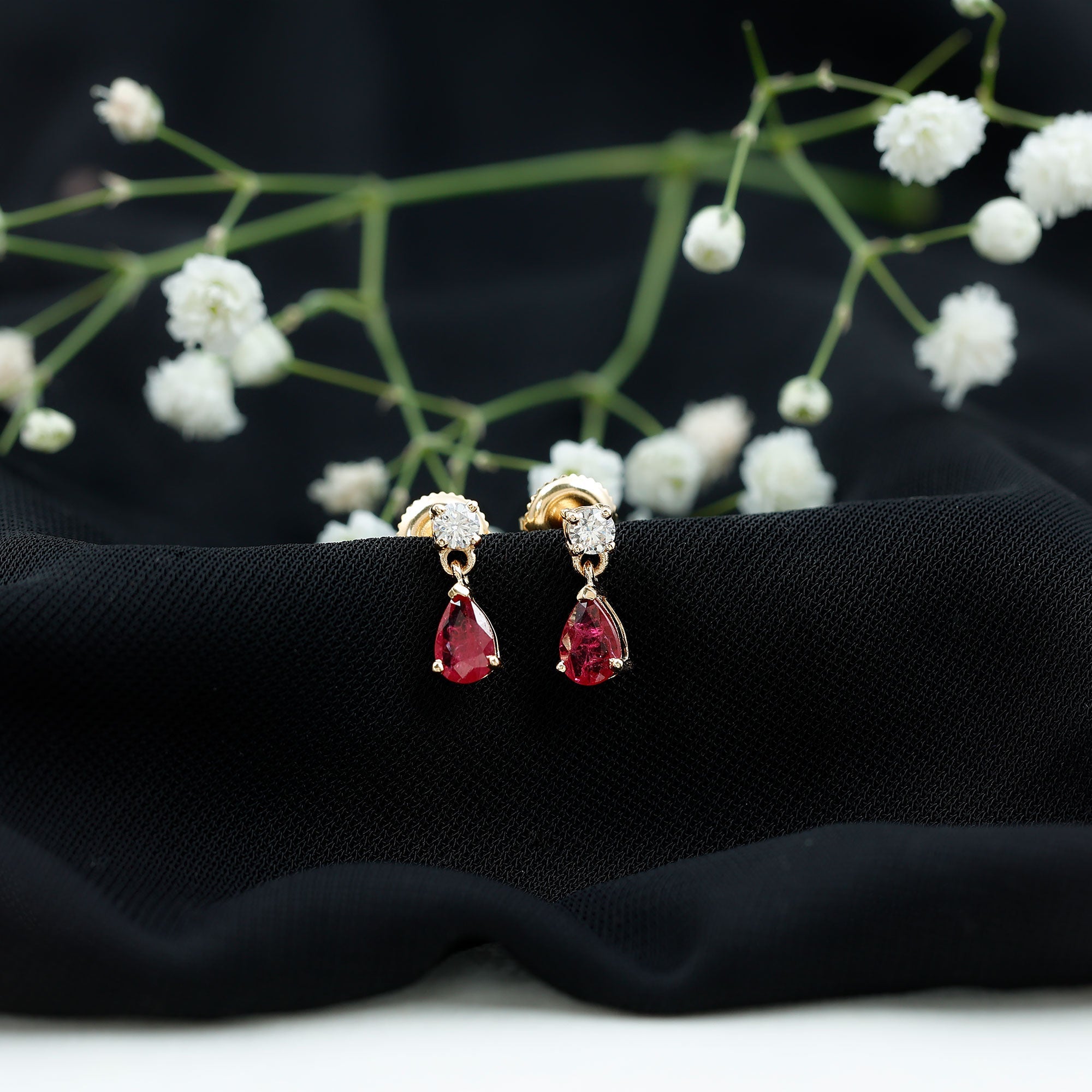 Natural Ruby Teardrop Drop Earrings with Moissanite