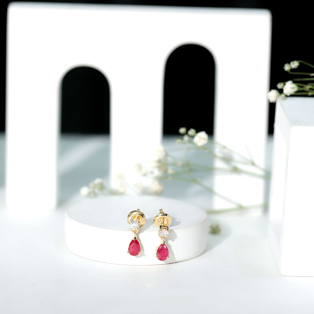 Natural Ruby Teardrop Drop Earrings with Moissanite