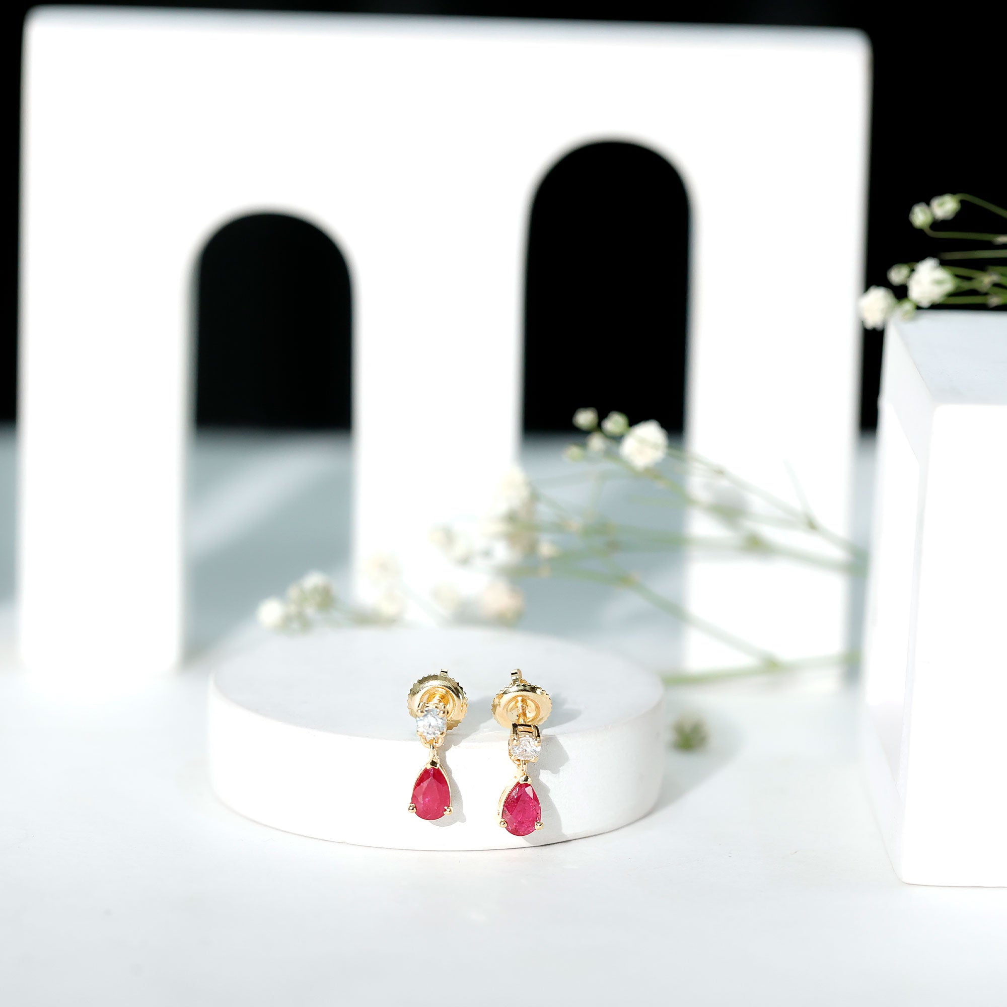 Natural Ruby Teardrop Drop Earrings with Moissanite