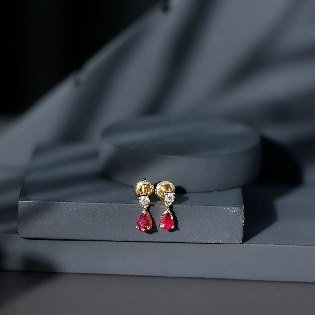 Natural Ruby Teardrop Drop Earrings with Moissanite