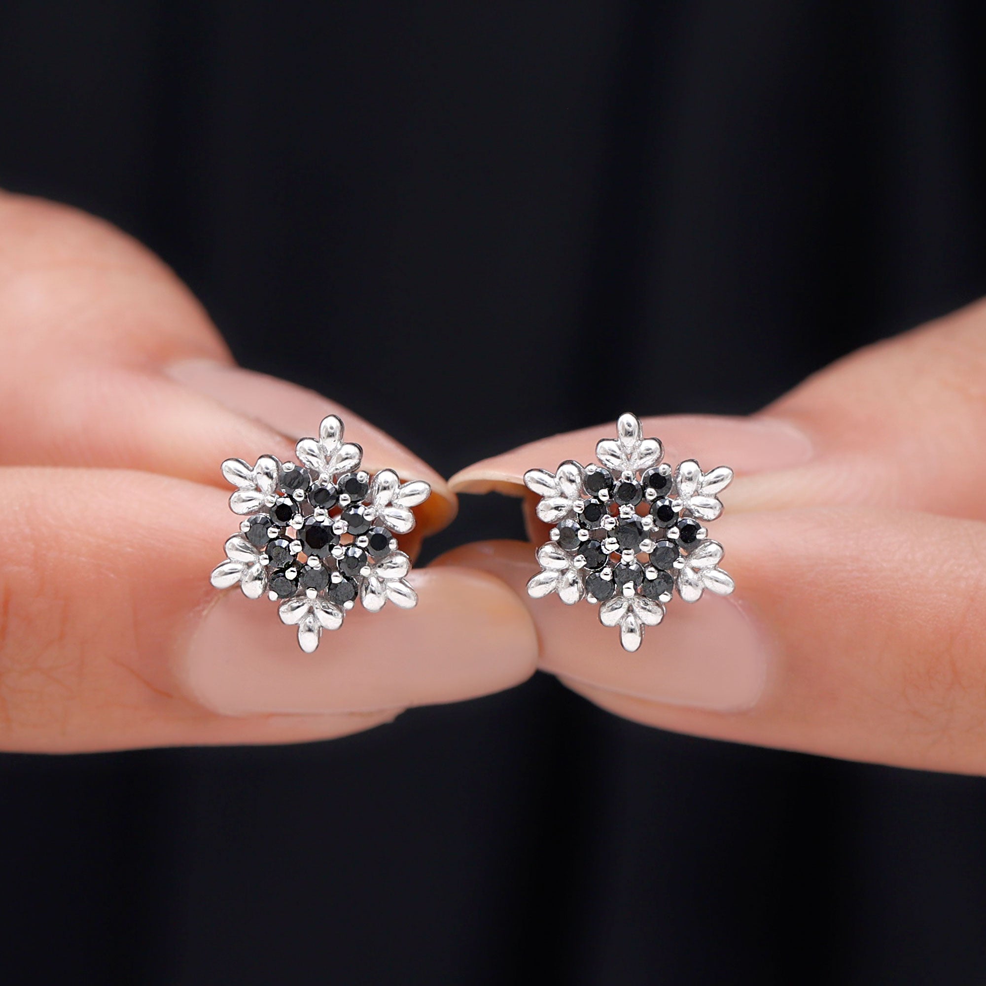 Certified Black Onyx Snowflake Stud Earrings for Women
