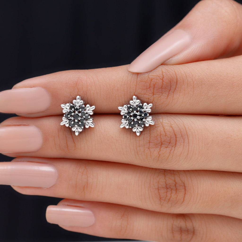 Certified Black Onyx Snowflake Stud Earrings for Women