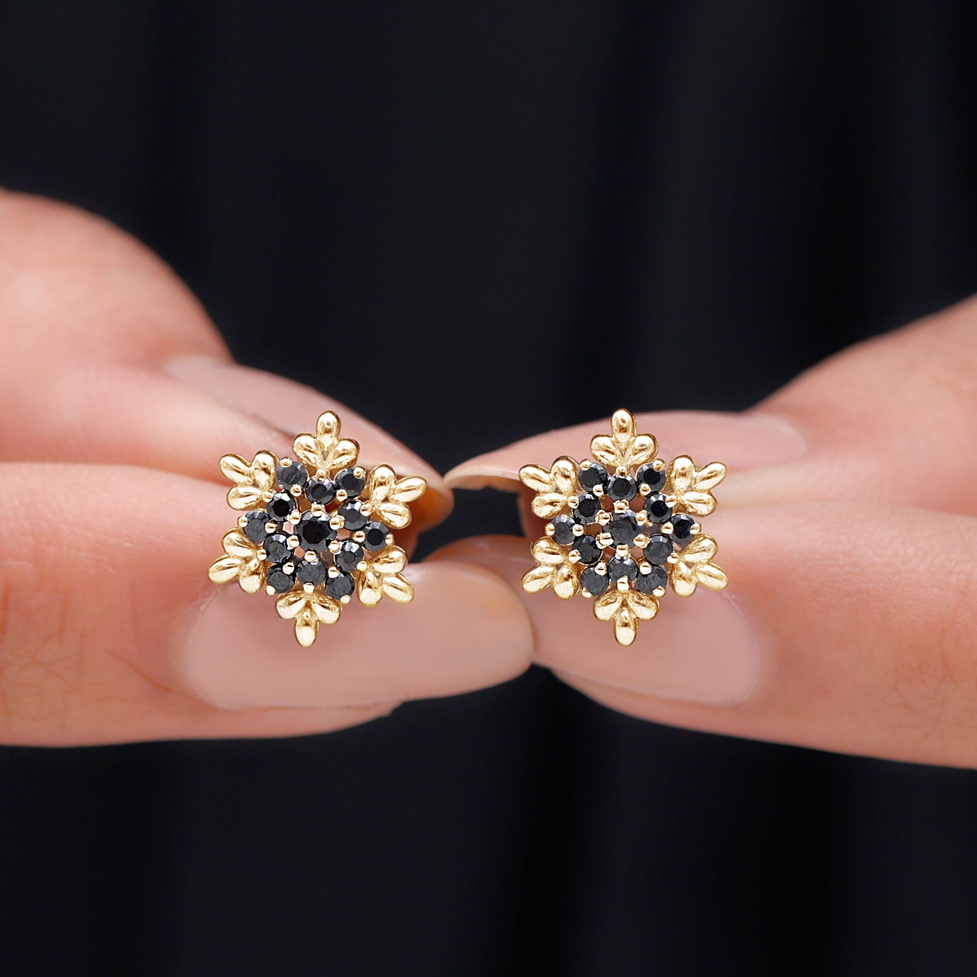 Certified Black Onyx Snowflake Stud Earrings for Women