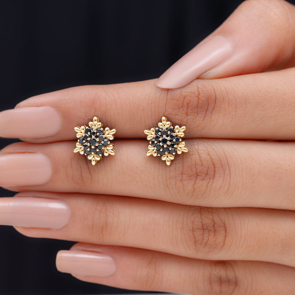 Certified Black Onyx Snowflake Stud Earrings for Women