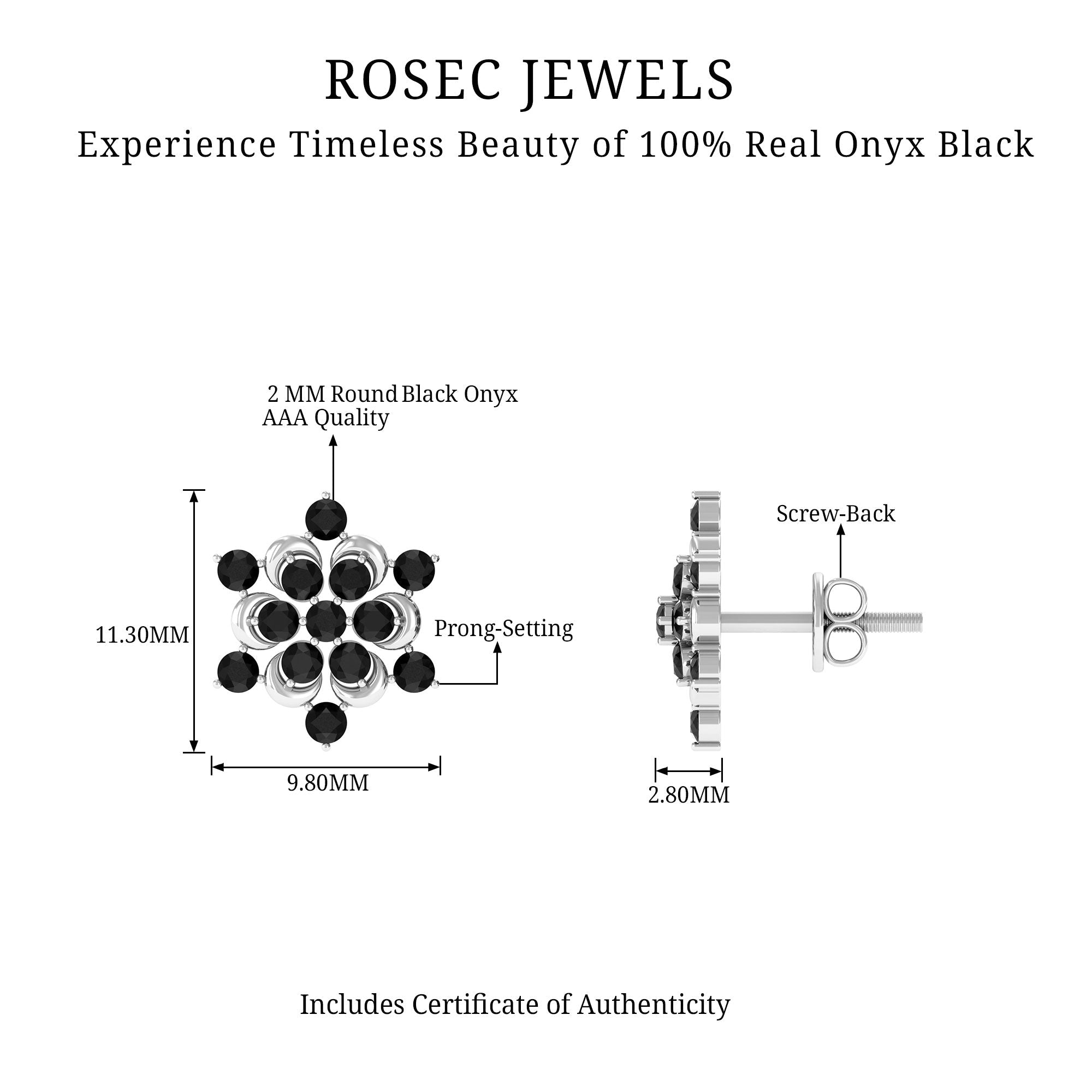 Genuine Black Onyx Statement Flower Stud Earrings