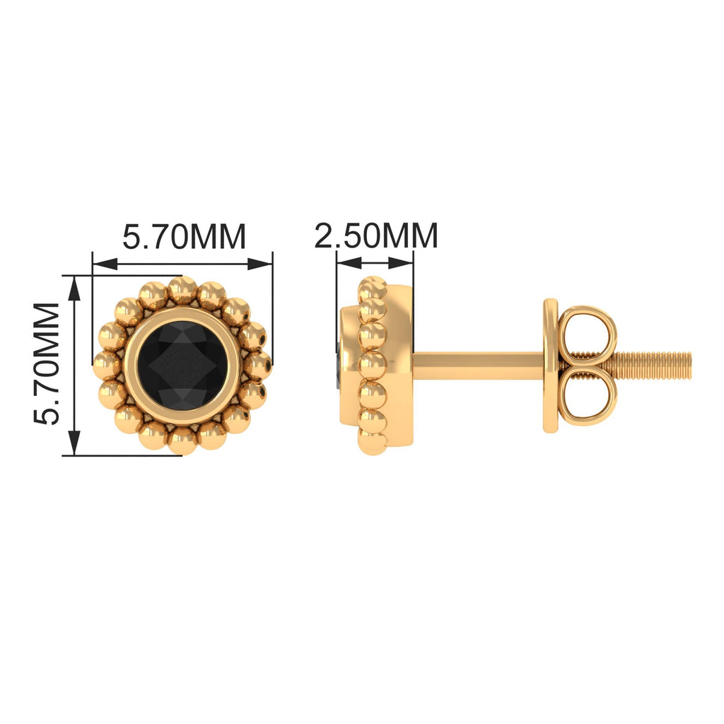 Bezel Set Black Spinel Stud Earrings with Beaded Gold