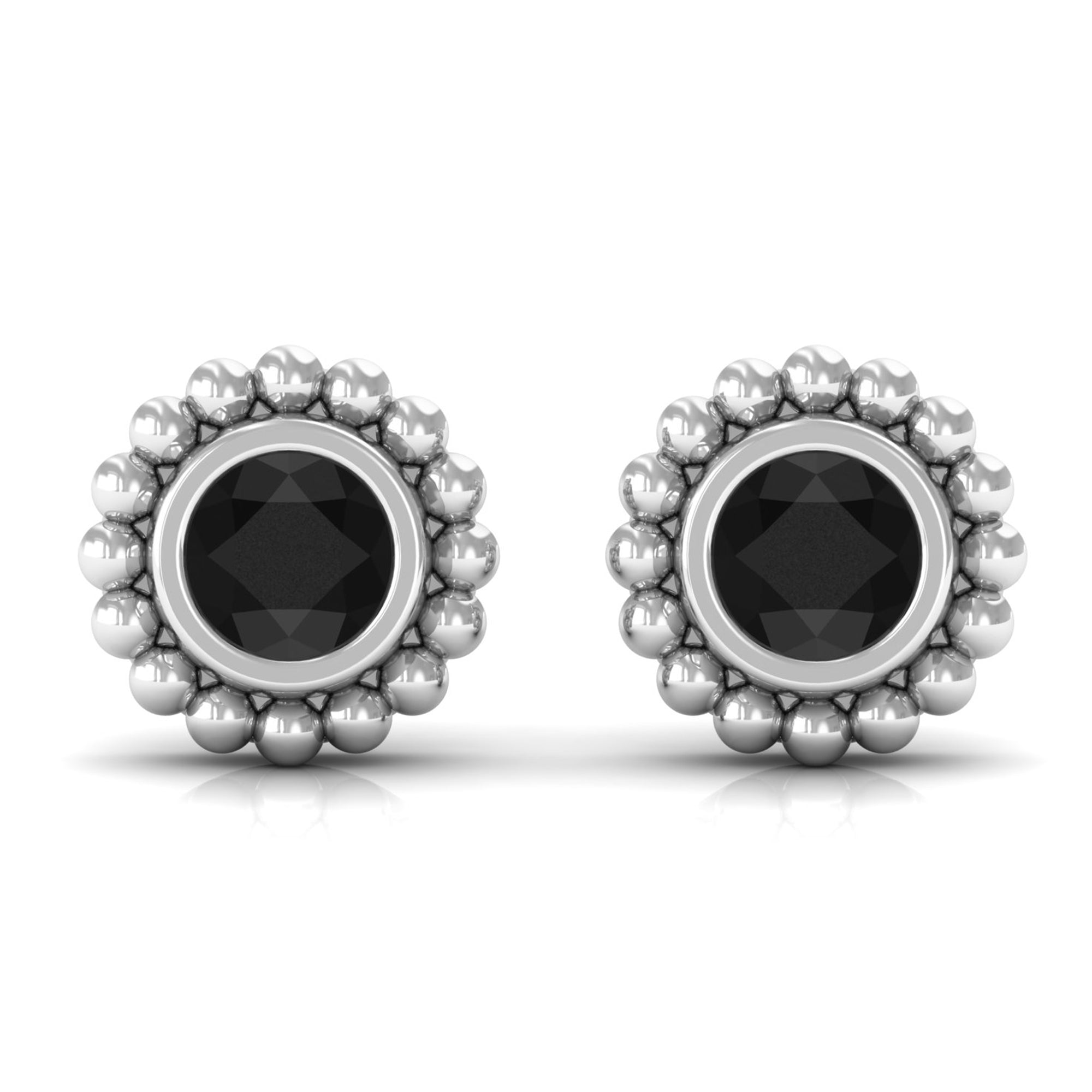 Bezel Set Black Spinel Stud Earrings with Beaded Gold