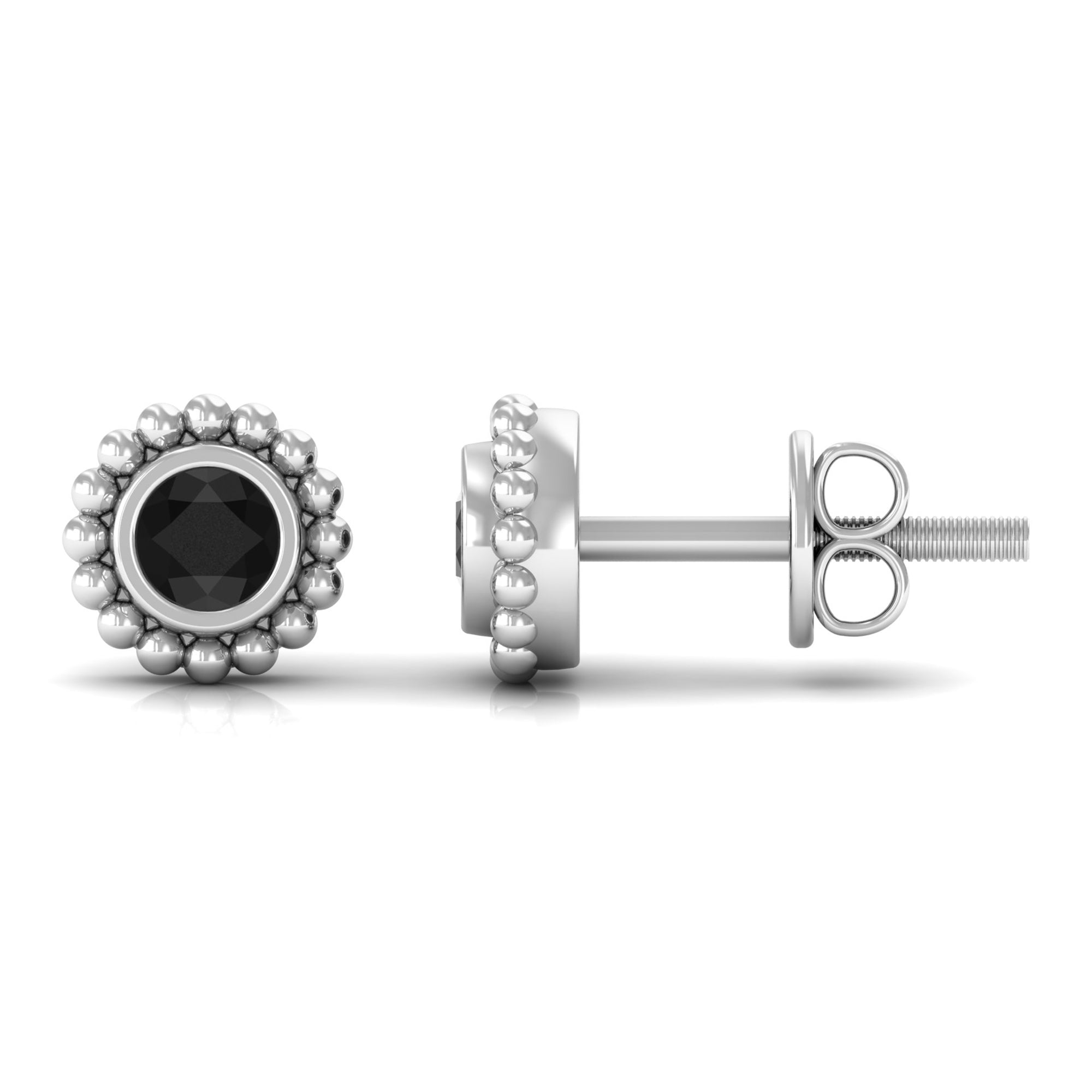 Bezel Set Black Spinel Stud Earrings with Beaded Gold