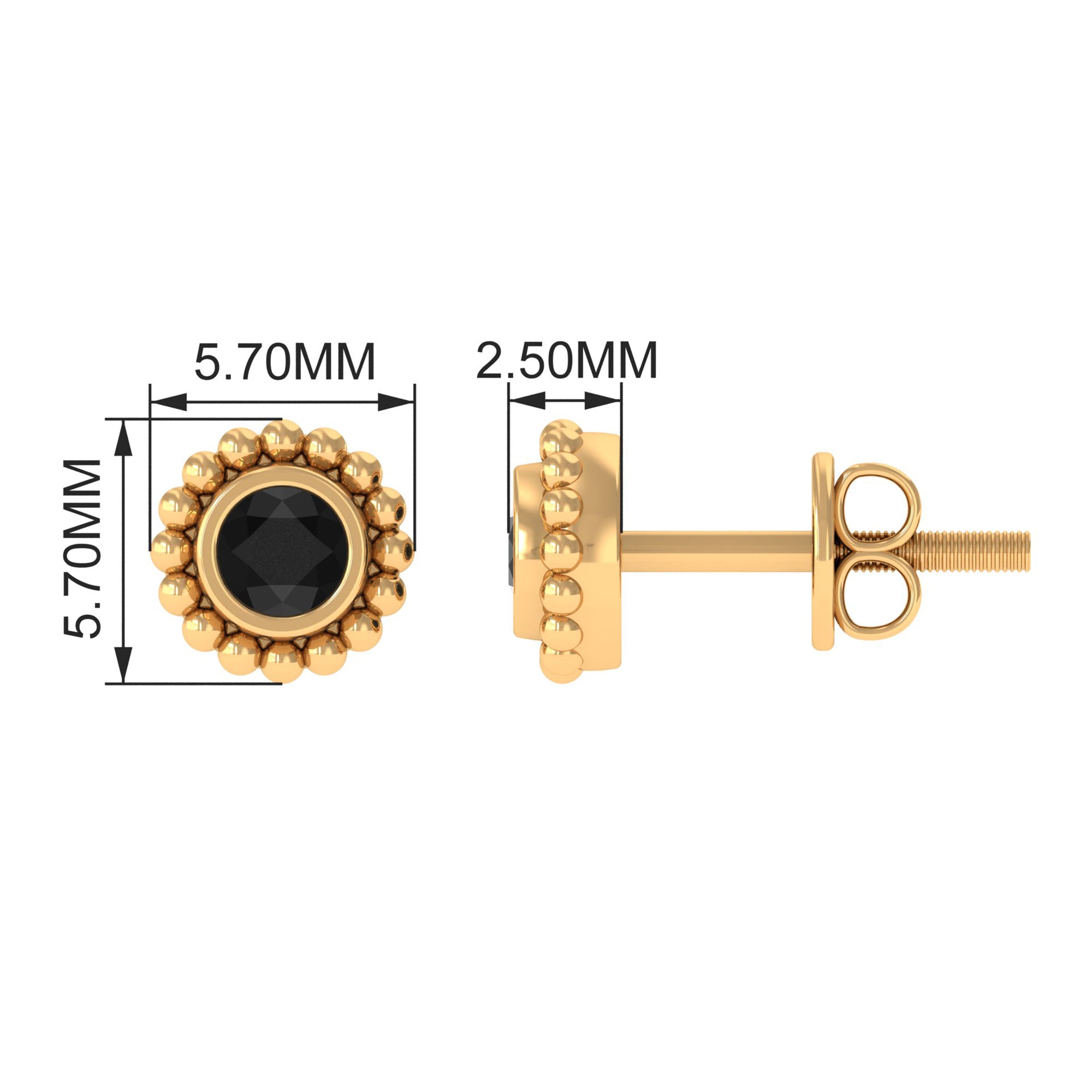 Bezel Set Black Spinel Stud Earrings with Beaded Gold