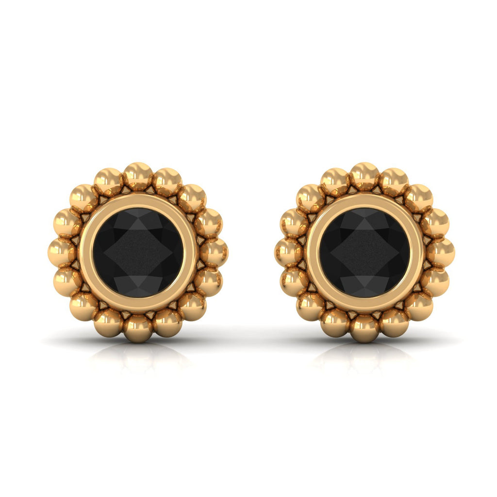 Bezel Set Black Spinel Stud Earrings with Beaded Gold