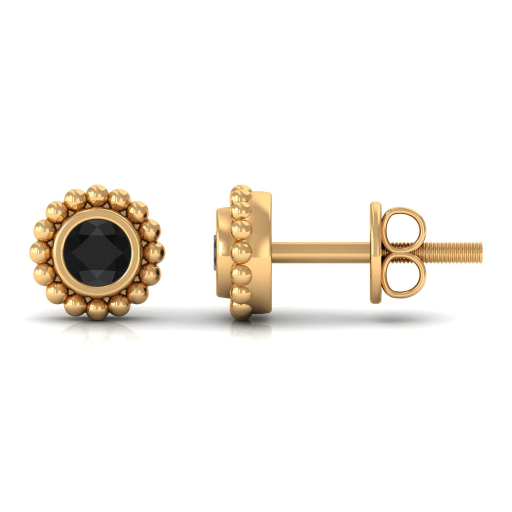 Bezel Set Black Spinel Stud Earrings with Beaded Gold