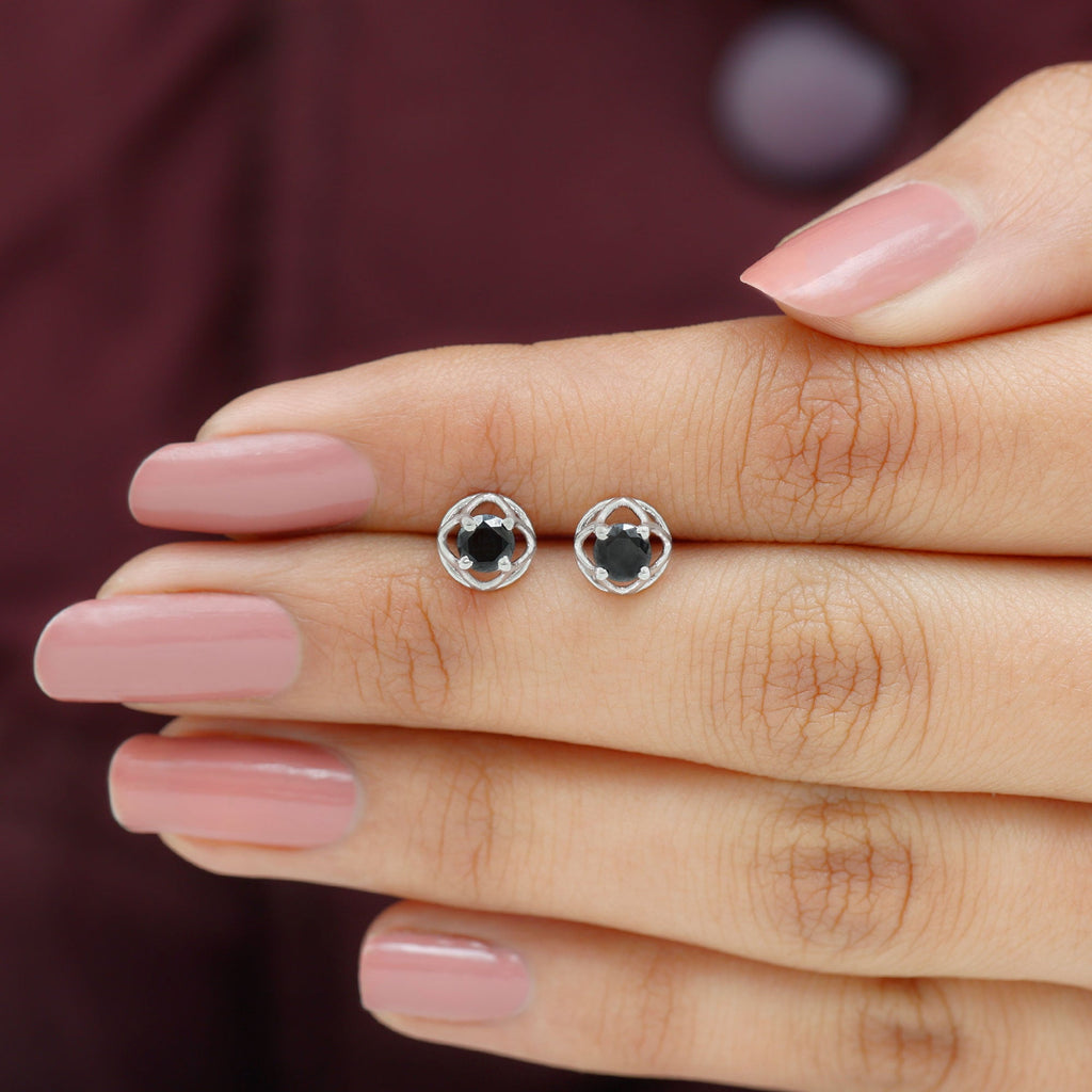 5MM Solitaire Black Onyx Floral Stud Earrings