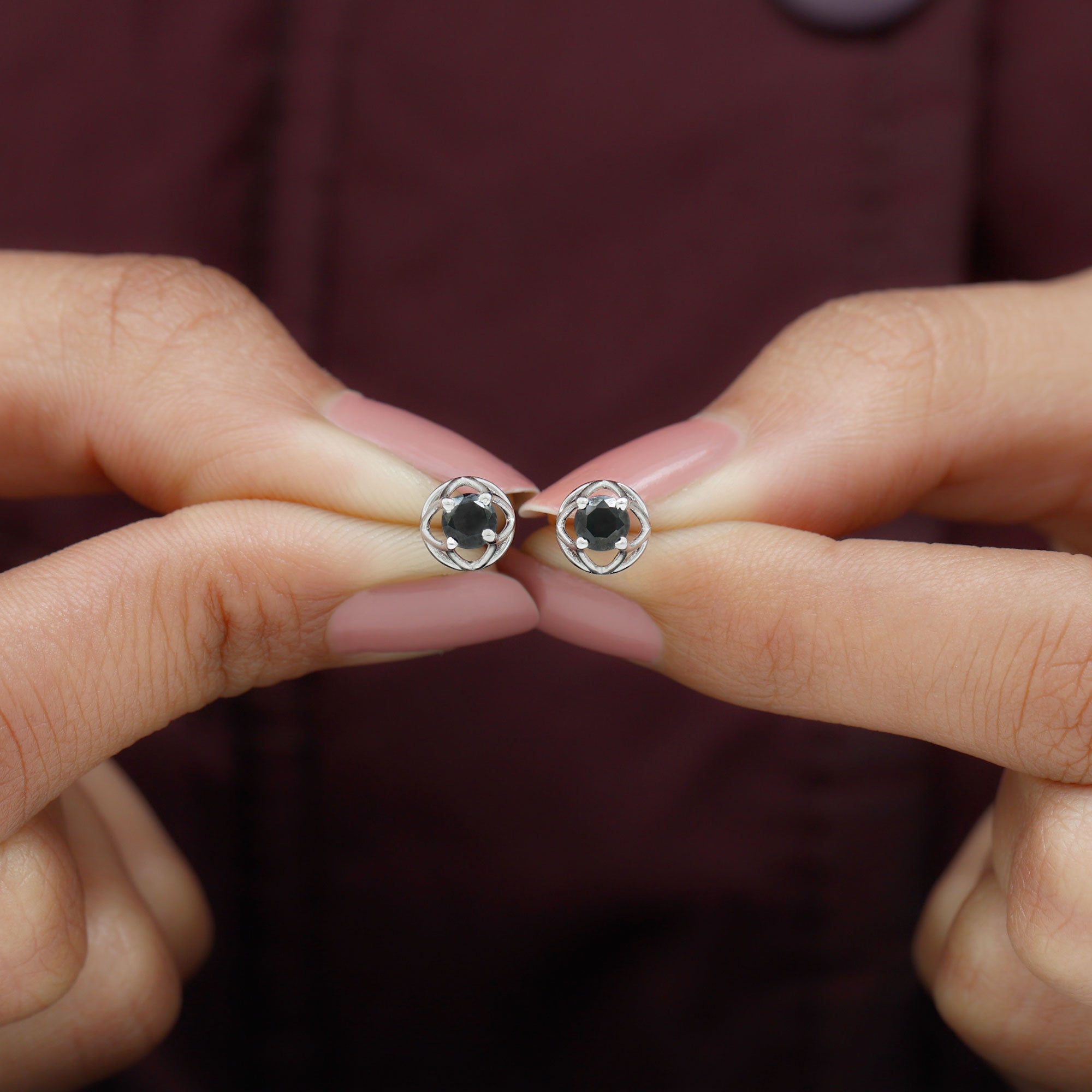 5MM Solitaire Black Onyx Floral Stud Earrings