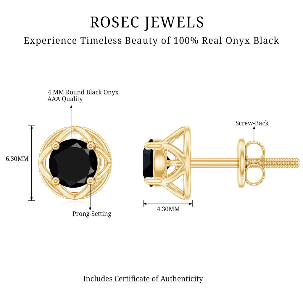 5MM Solitaire Black Onyx Floral Stud Earrings