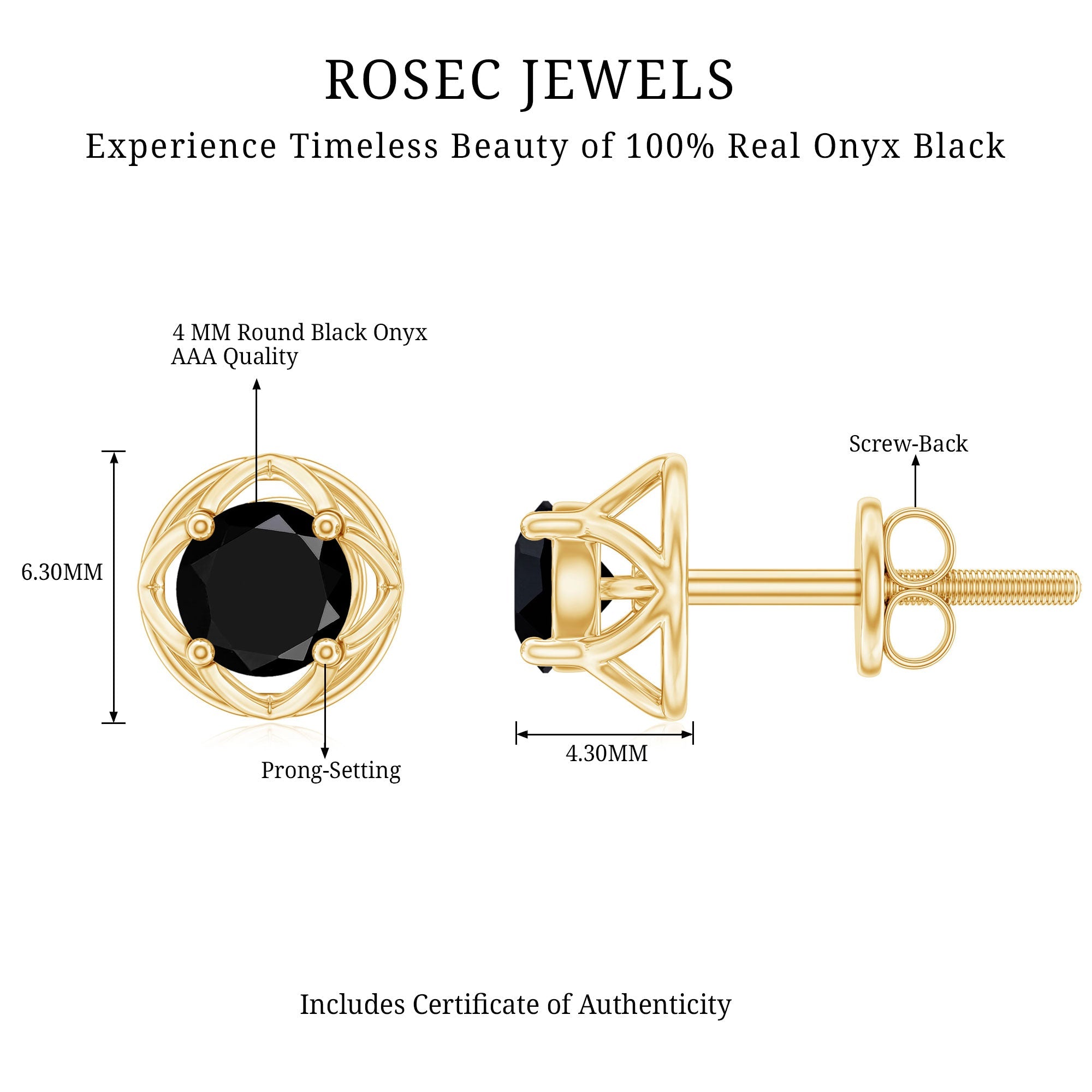5MM Solitaire Black Onyx Floral Stud Earrings