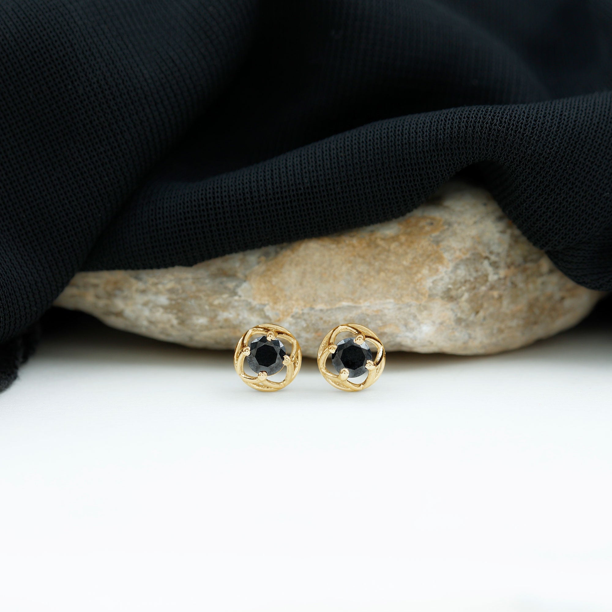 5MM Solitaire Black Onyx Floral Stud Earrings