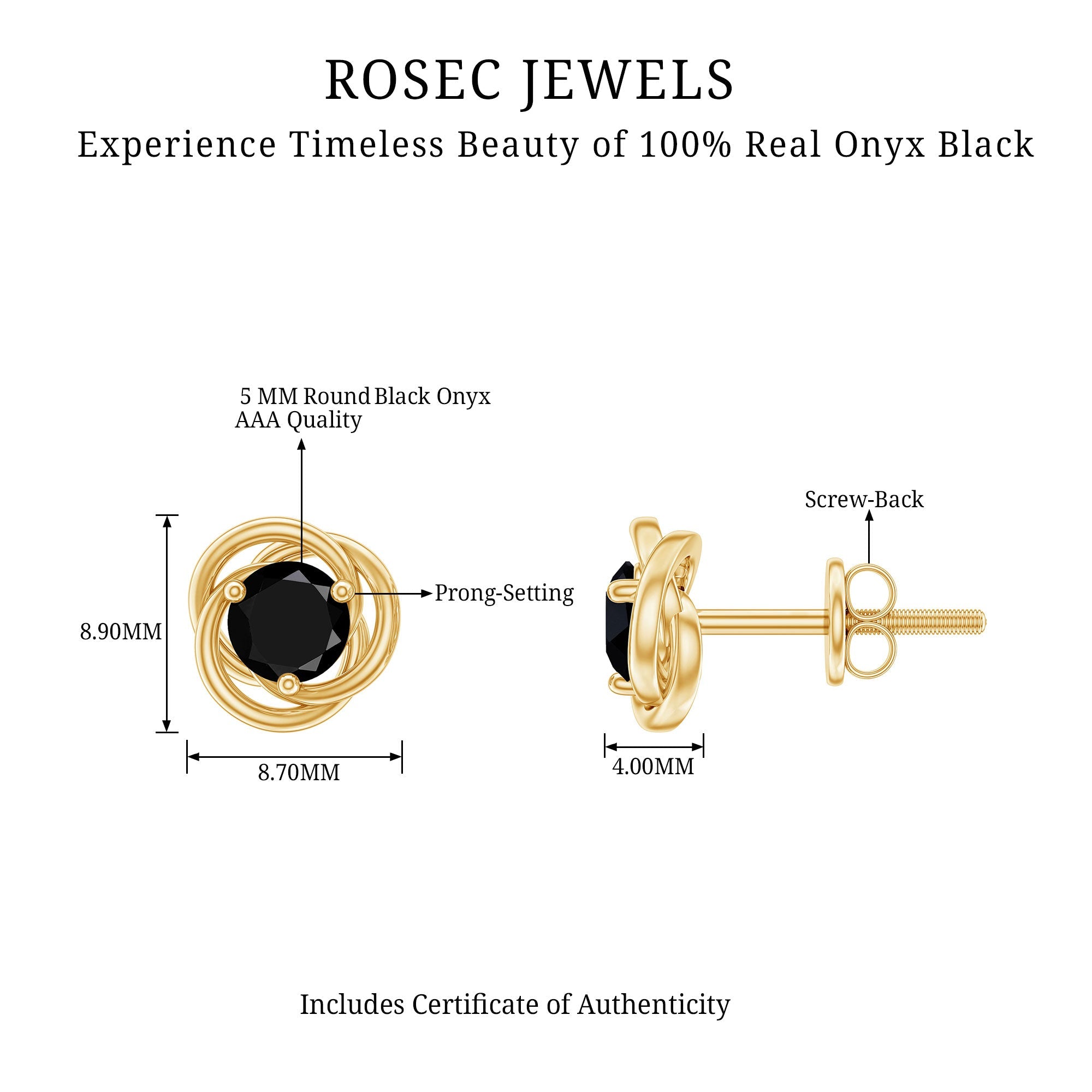 1 CT Solitaire Black Onyx Swirl Stud Earrings